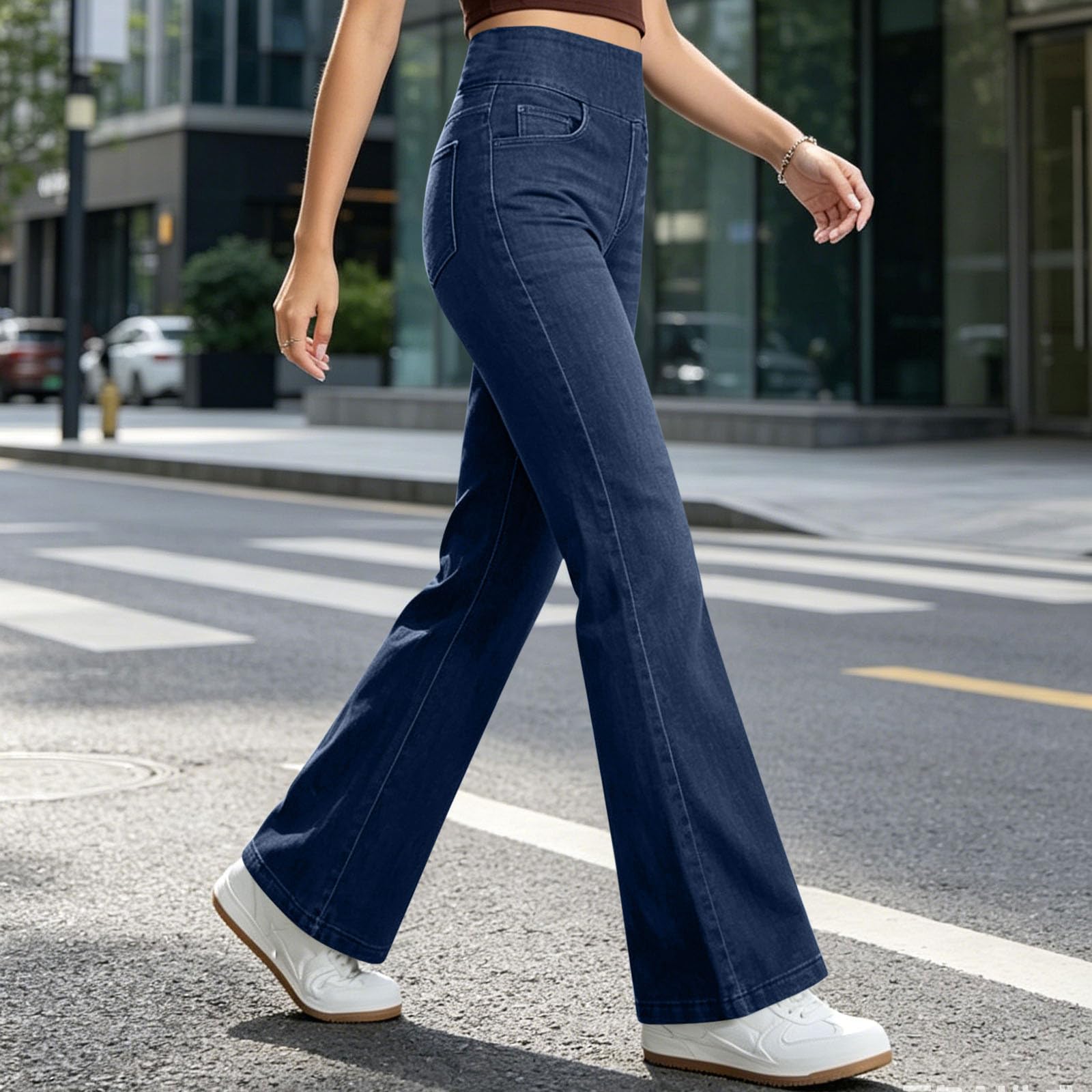 Générique Pantalon De Jean Évasé pour Femme avec Taille Haute Élastique Et Poches - Pantalons Style Rétro À Coupe Cloche, Idéal comme Pantalon Décontracté pour Le Quotidien Et Le Week-End.