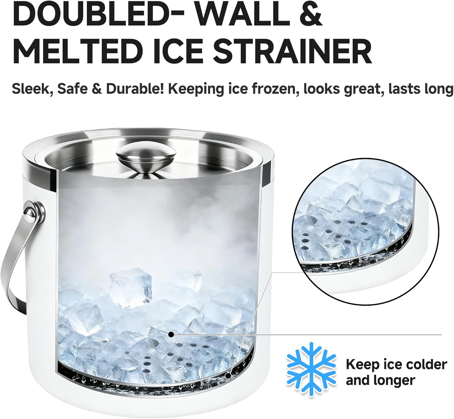 3L Double-Wall Insulated Stainless Steel White Ice Bucket with scoop for Cocktail Bar - Metal Ice Bucket for freezer with Lid for parties,Camping,and More!champagne bucket,bar cart accessories - Image 5