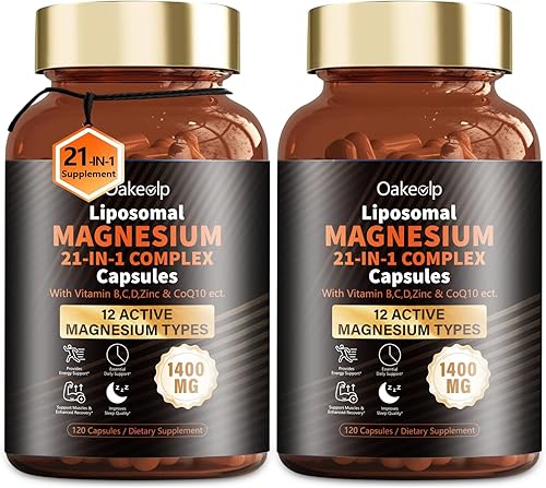 Miniatura 1 de 2 paquetes Liposomal 12 tipos activos complejo de magnesio 1400 mg (glicinato, citrato, malato, etc.) cápsula - con vitamina D3, B6, B12,