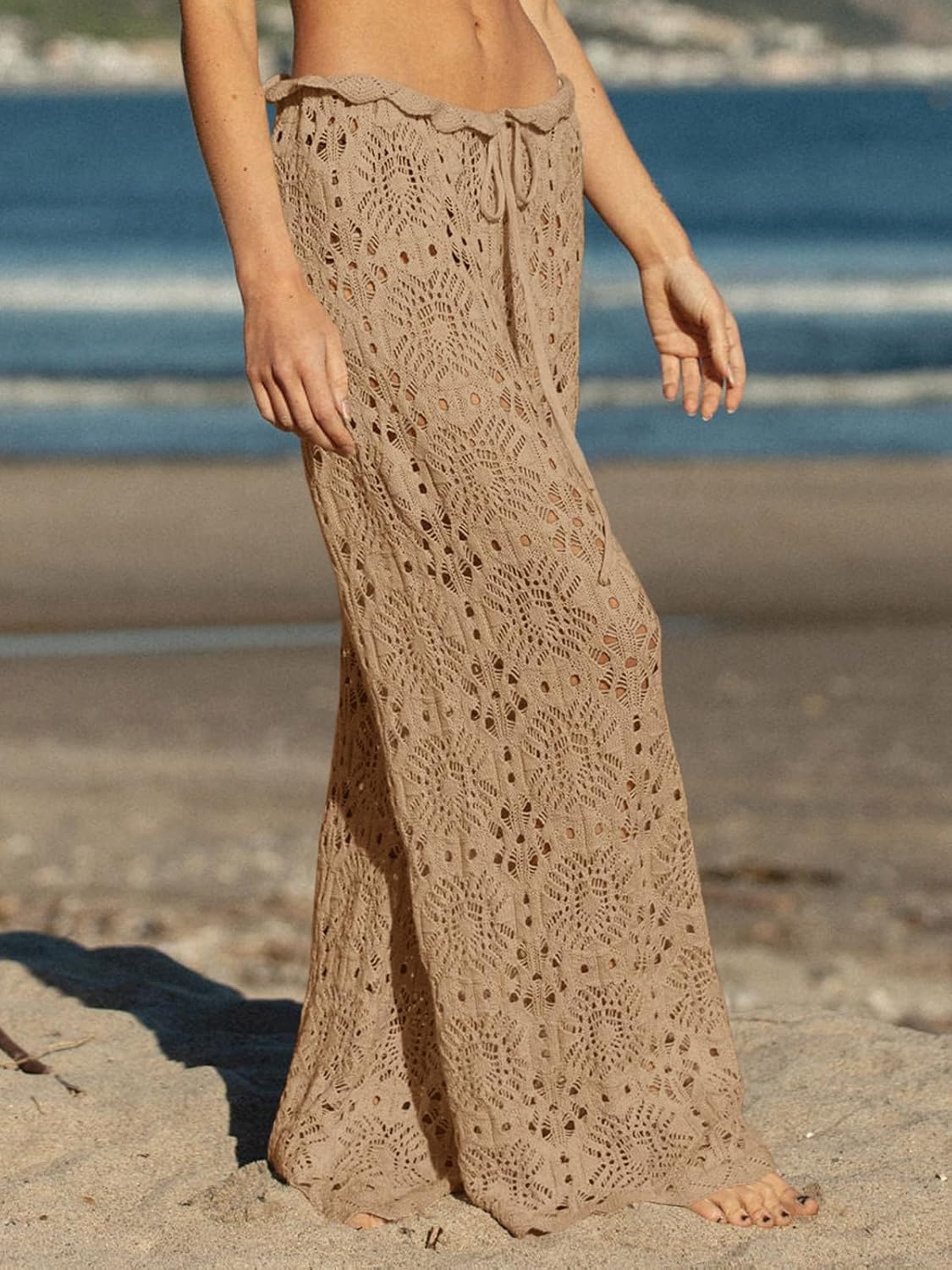 Saodimallsu Womens Crochet Swimsuit Coverup Pants High Waisted Drawstring Sexy Sheer Mesh Knit Wide Leg Beach Pants - Image 4