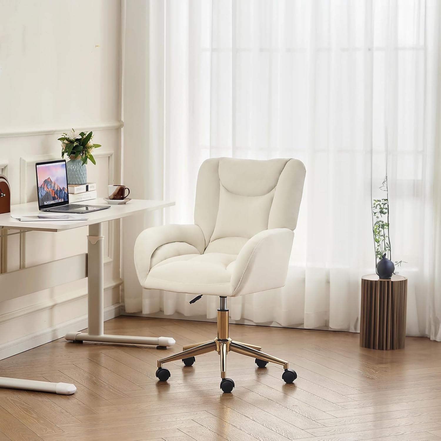 FOXHUNTER Vanity Chair with Ergonomic Back & Wheels, 360° Swivel Accent Chair, Adjustable Height Home Office Chair for Living Room, Bedroom (Velvet, Ivory)