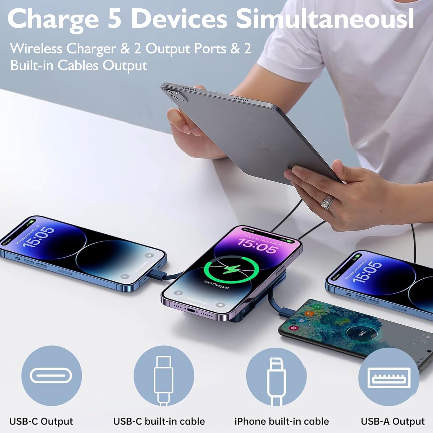 Yiisonger per Magsafe Powerbank 10000mAh, Caricatore Portatile Magnetico Wireless 22,5W, Ricarica Rapida con Display LED e cavo di ricarica USB-C/Lighting per iPhone 16/15/14/13/12 Pro/Pro Max/Plus