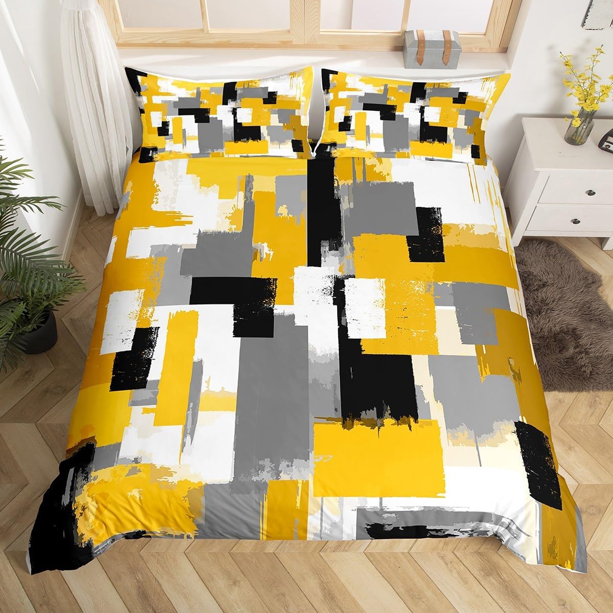 Feelyou Yellow Grey Black Bedding Set King Size Kids Abstract Art Comforter Cover Set for Boys Teens Geometric Duvet Cover Breathable Modern Art Bedspread Cover Buffalo Check Room Decor Quilt Cover