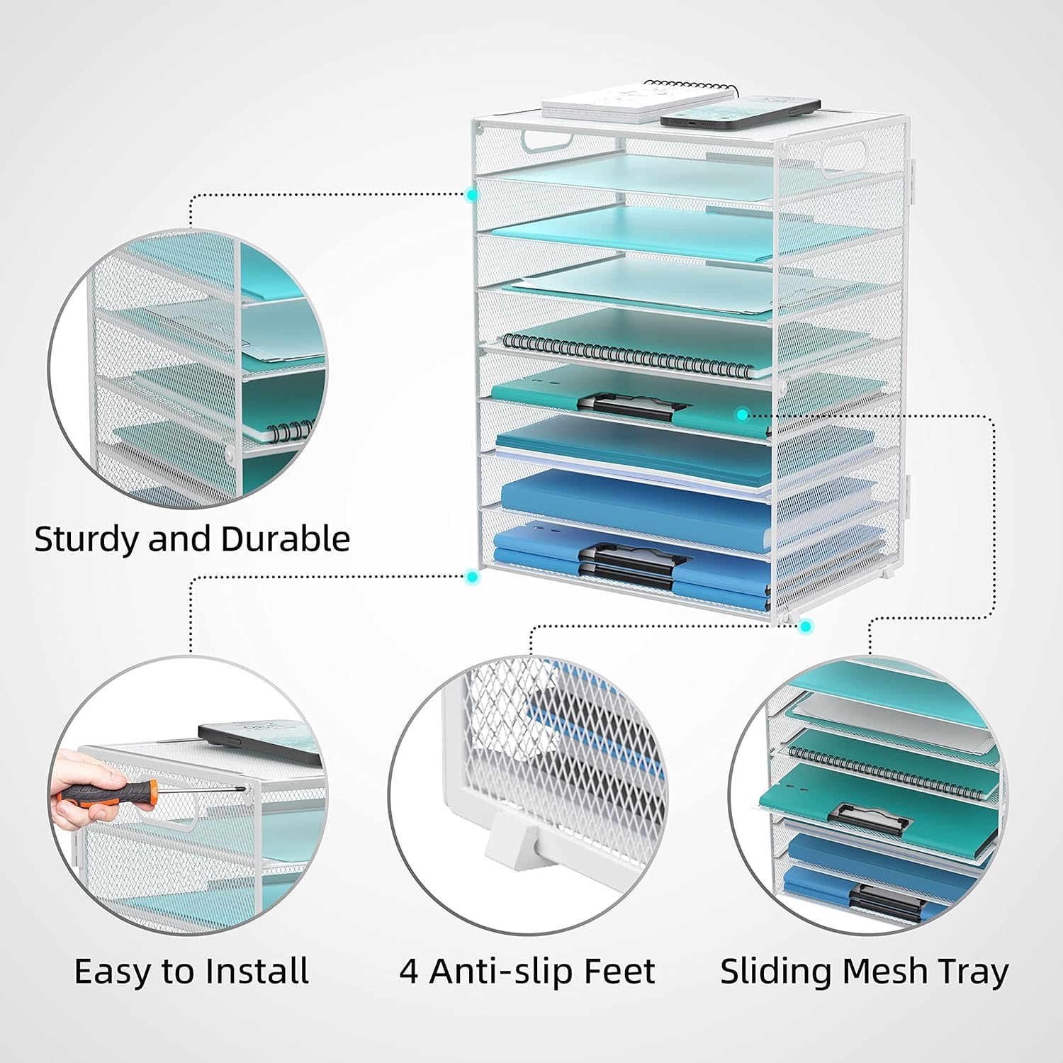 SUPTIDY 9-Tier Paper Letter Tray Desk Organizer with Handles, Mesh File Holder Organization - Image 2