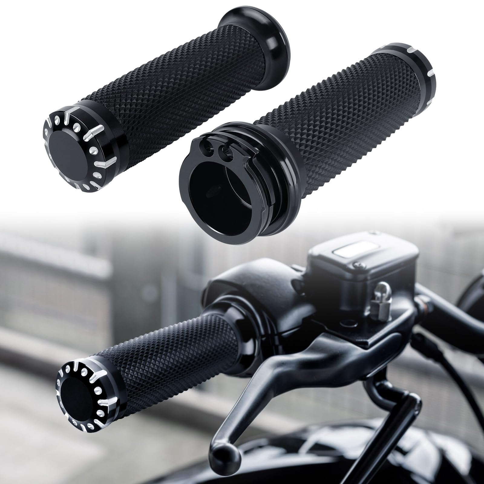Photo 1 of DREMIZER 1 Inch/25mm Motorcycle Handle Grips Handlebar Grips Cable Throttle Compatible with Harley Honda Yamaha Kawasaki Suzuki Dyna Sportster Street Glide 883 1200 Black