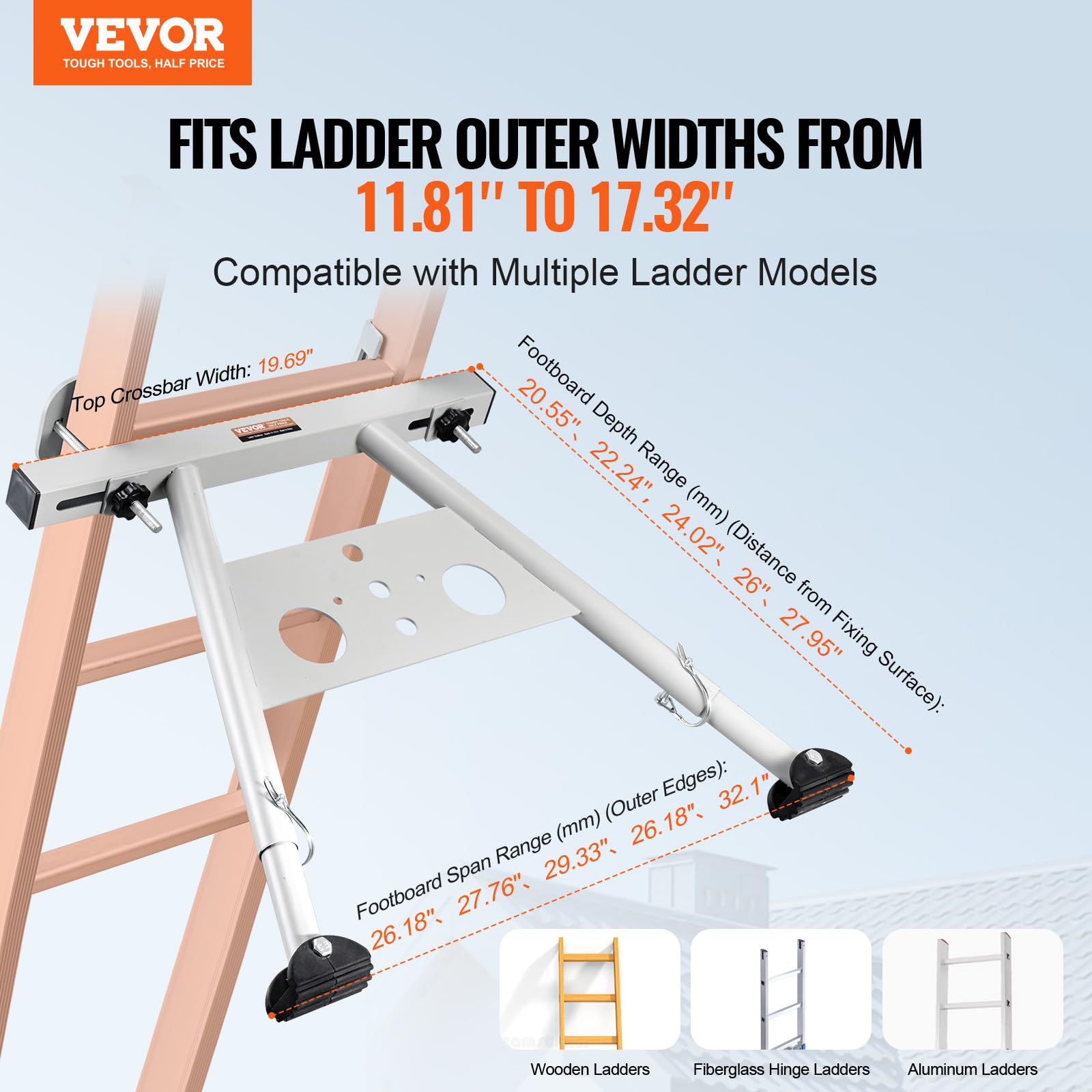VEVOR Stabilisateur d'Échelle de Toit en Acier Carbone avec Accessoires, Pieds Réglables Extension, Capacité de Charge 150 kg, Compatible avec Différentes Formes d'Échelles pour Gouttière de Toit