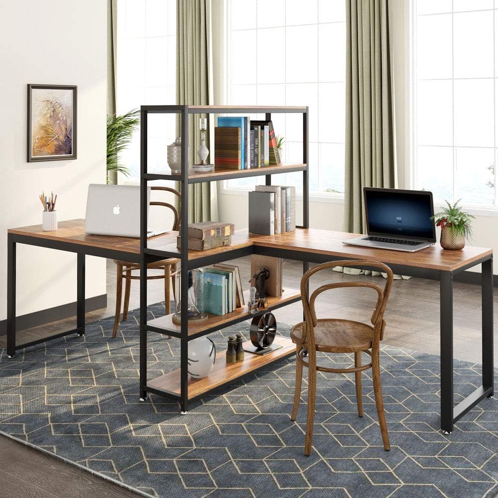 Tribesigns Two Person Computer Desk with Bookshelf, 90 Inches Double Face-Face Workstation Desk with Storage Shelf for Two Person, Extra Large Writing Office Desk for Home Office