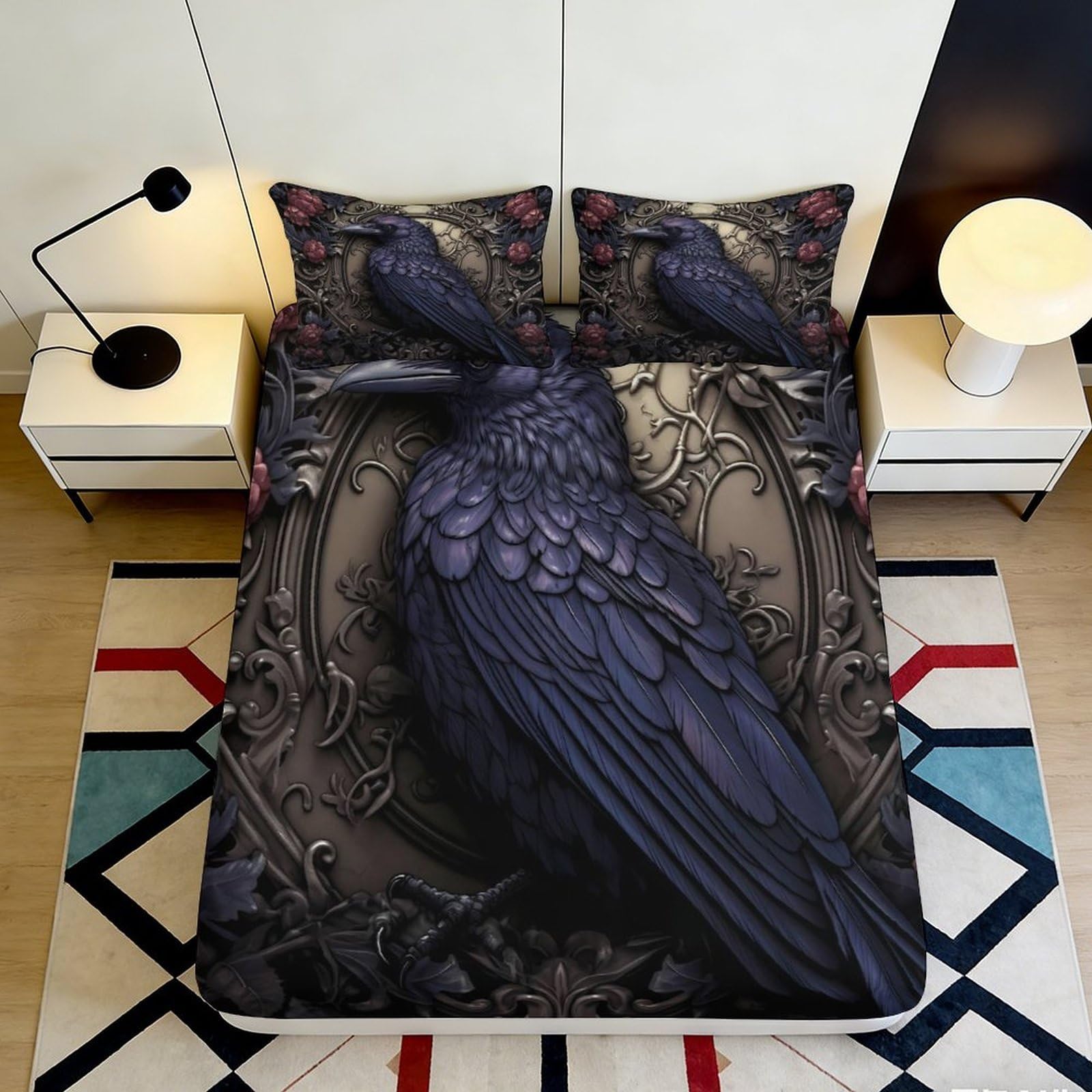 3D Printed Dark Raven Fitted Sheet Microfiber Soft Breathable Gothic Crow Bed Cover for Bedroom Dormitory Guest Room Mattress Protection Decor 200x200x25cm