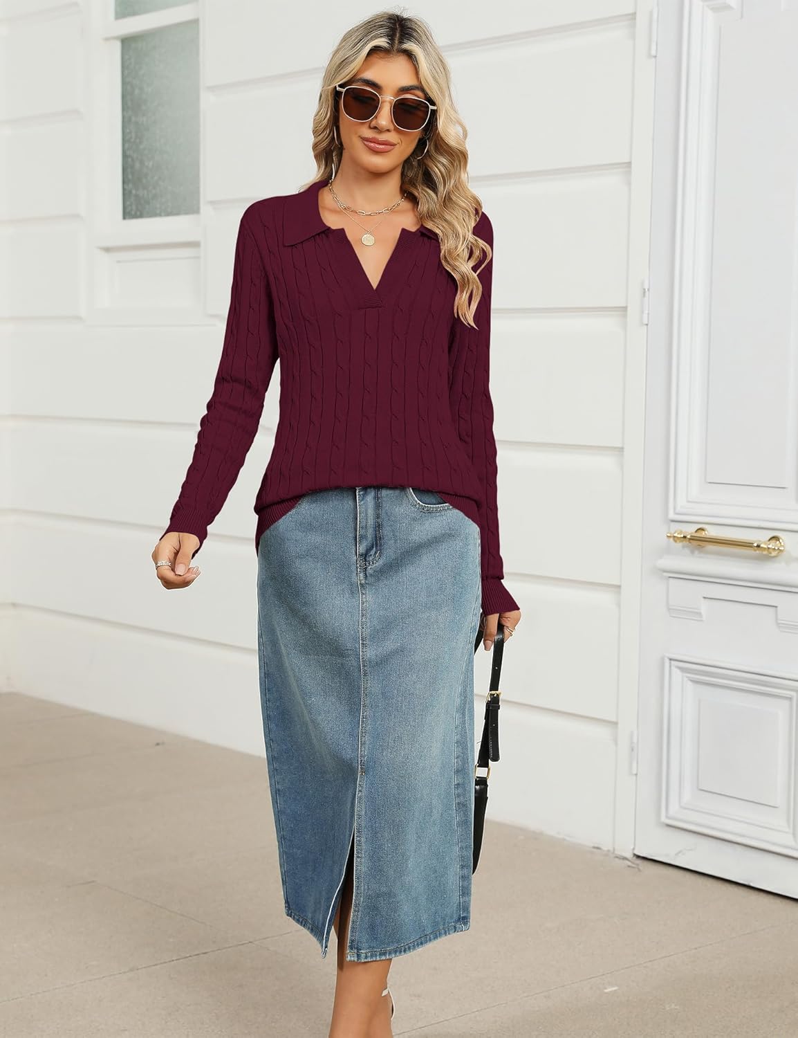 Micoson Womens Fall Long Sleeve Sweaters Lapel V Neck Cable Knitted Pullover Casual Soft Jumper Top - Image 5