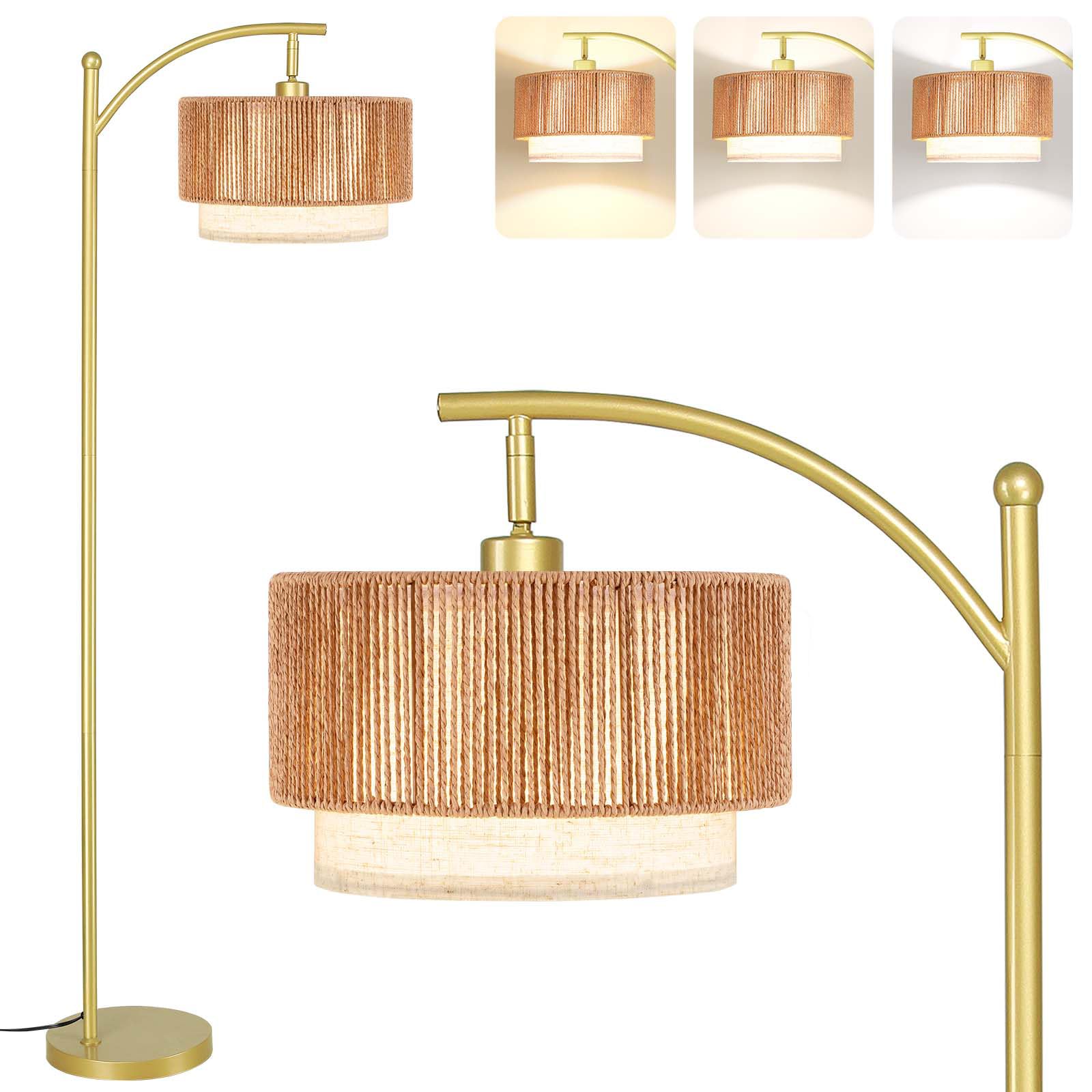 SUNMORY Floor Lamps for Living Room with 12W LED Bulb, Arc Floor Lamp with 3 Color Temperatures, Farmhouse Floor Lamps with Adjustable Rattan & Fabric Shades, Boho Standing Lamp for Bedroom, Corner