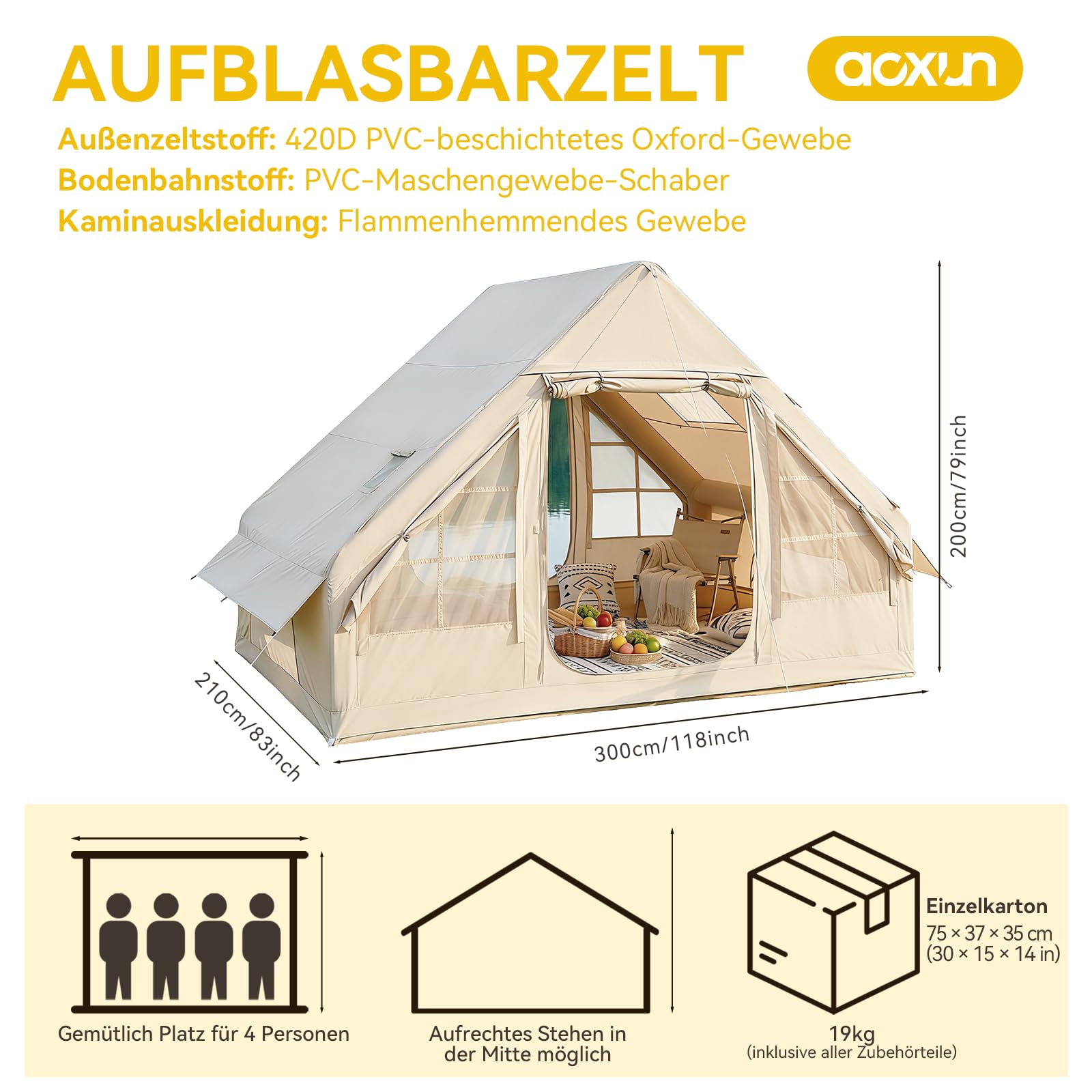 Aoxun Aufblasbares Zelt mit Pumpe für 4-8 Personen, 300×210cm winterfestes Aufblasbares Campingzelt mit Ofenloch für 4 Jahreszeiten, geräumiges Luftzelt für Glamping & Outdoor