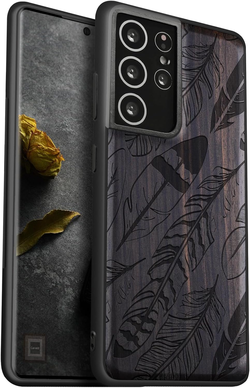 Carveit Wood Case for Galaxy S21 Ultra Case [Natural Wood & Black Soft TPU] Shockproof Hybrid Protective Unique Wooden Cover Compatible with Samsung S21 Ultra (Feathered Array-Blackwood)