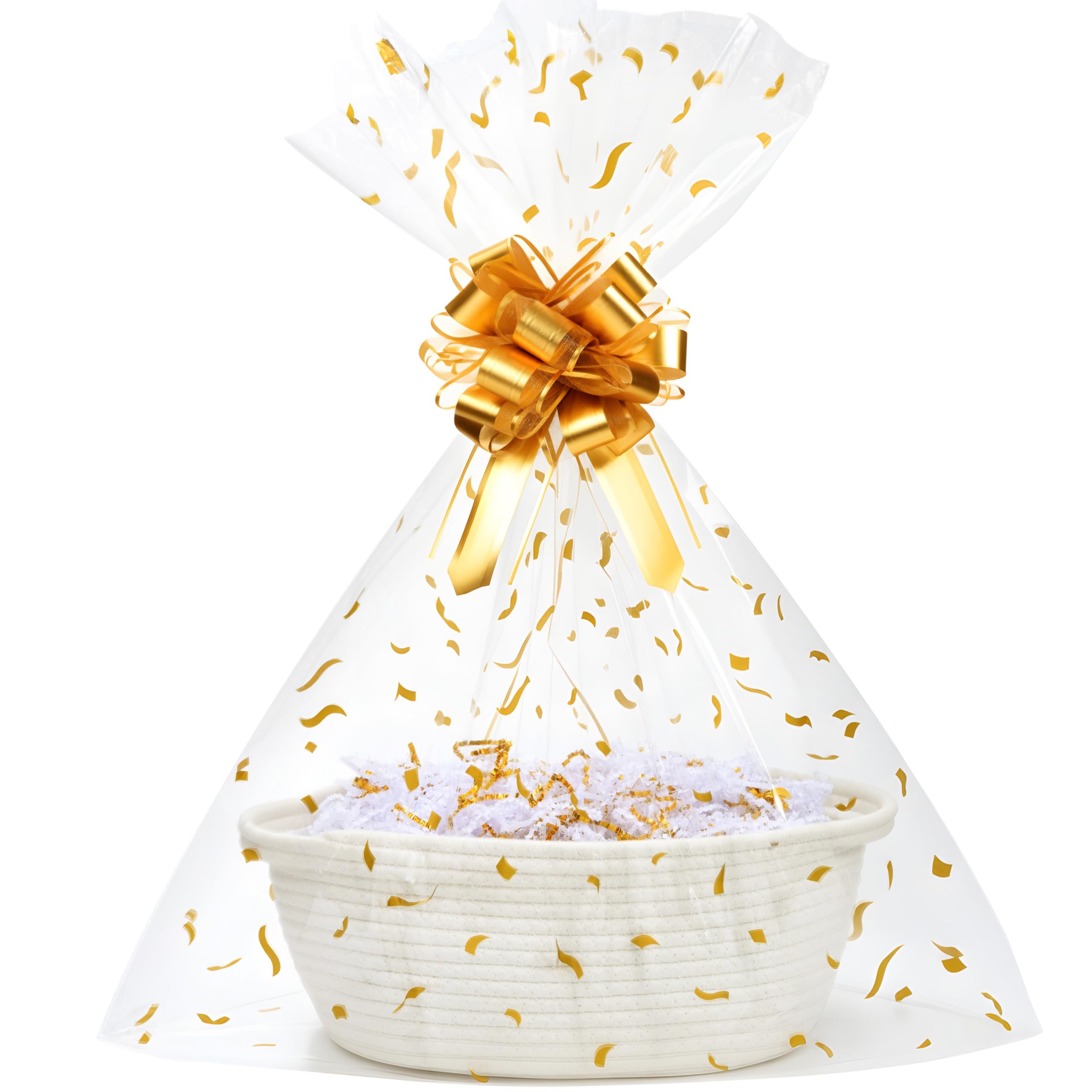 Photo 1 of SUNCOLOR Small Woven Gift Basket Set with Cut Paper Shred Filler, Pull Bow & Cellophane Bag, 12x8x5 Inch Durable Cotton Rope Storage Basket for Easter, Baby Shower, Birthday, Holidays