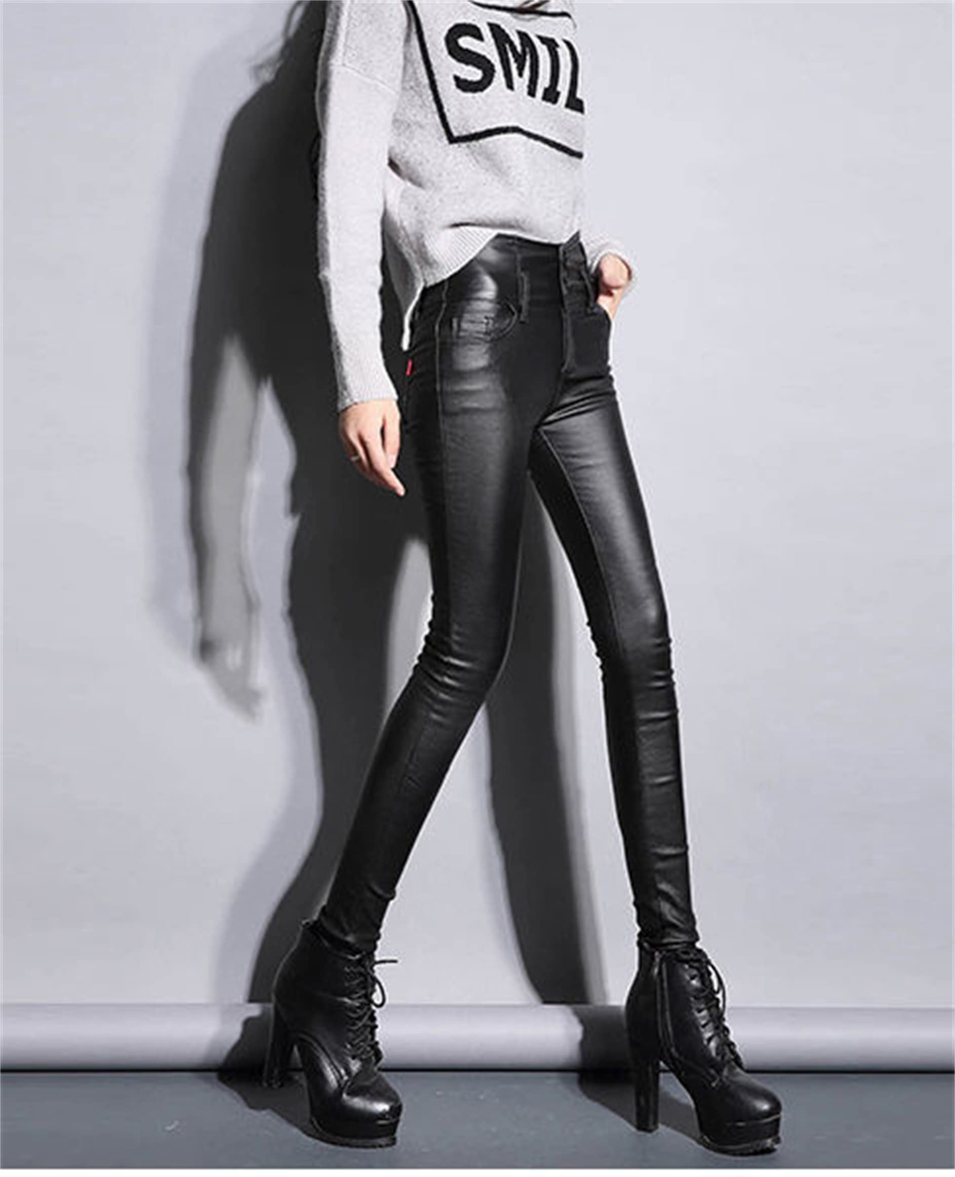 Damskie seksowne spodnie ze sztucznej skóry Push Up stylowe obcisłe legginsy Slim Fit guziki rozciągliwe obcisłe spodnie skórzane (czarne 3XL)