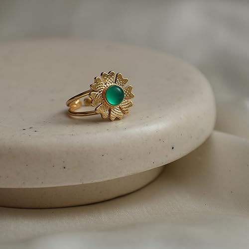 Miniatura 3 de Gempires Green Onyx Ring, Hammered Flower Ring, Adjustable US Size 6 to US Size 9 Ring, Womens Jewelry, Hypoallergenic 14k Gold Plated, Lightweight,