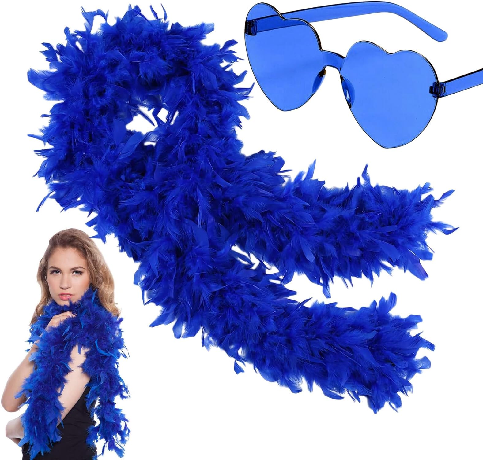 2m/6.6ft Dark Blue Feather Boa for Women Girls,80g Natural Turkey Feather Boas and Heart Sunglasses Fancy Dress for Adult,Kids,Fluffy Boa Feather Scarffor Dancing Bachelor Hen Halloween Xmas Party