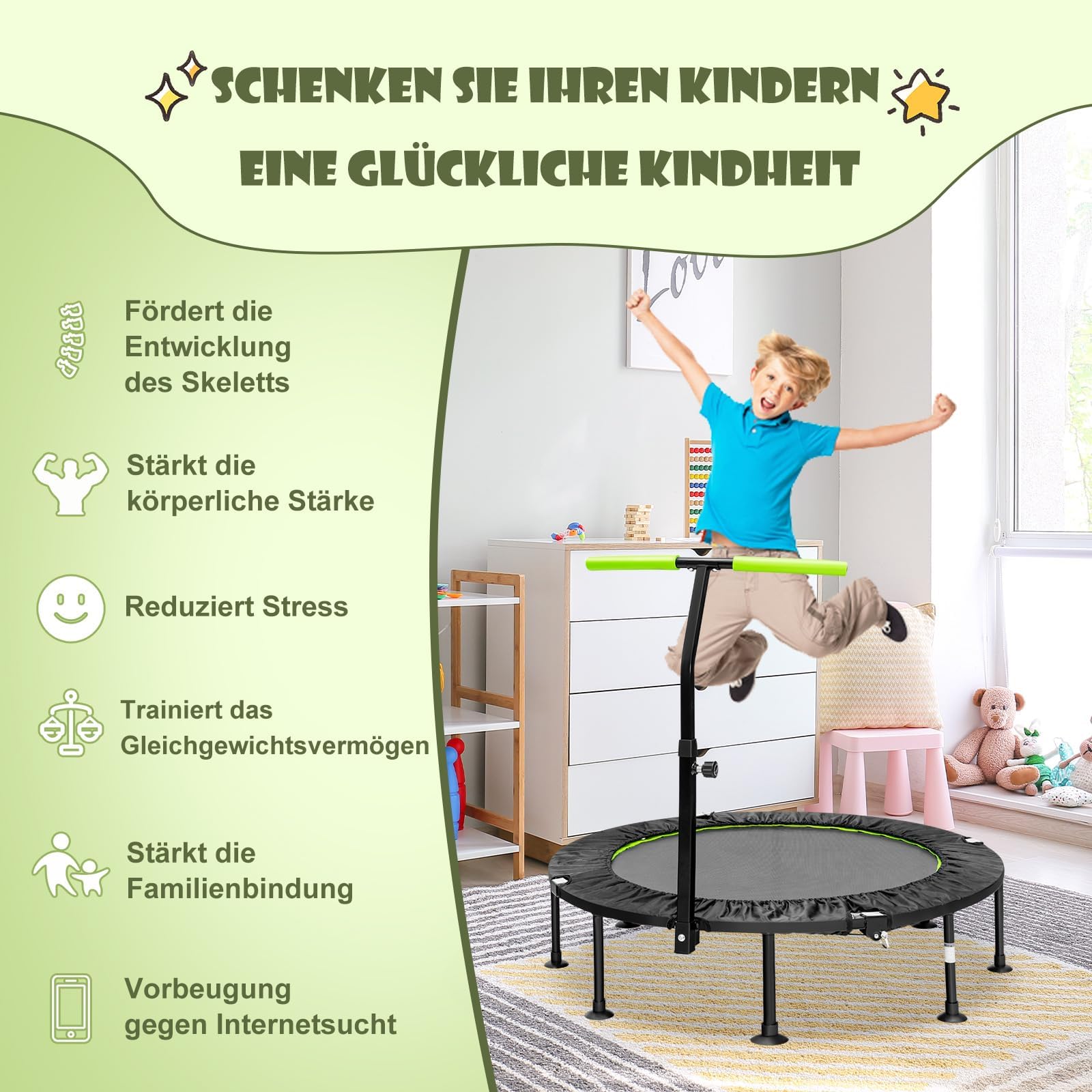 COSTWAY φ117cm Mini Trampolin faltbar, Fitness Trampolin mit höhenverstellbarem Griff, Kindertrampolin Gartentrampolin Indoor- und Outdoor für Erwachsene und Kinder, 100 kg Belastbar