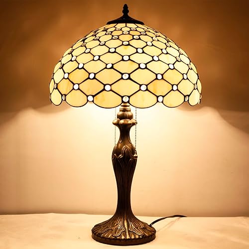 Miniatura 2 de WERFACTORY Tiffany - Lámpara de mesa de cristal de 16 x 16 x 24 pulgadas, lámpara de lectura con cuentas de perlas de color crema, luz de lectura de