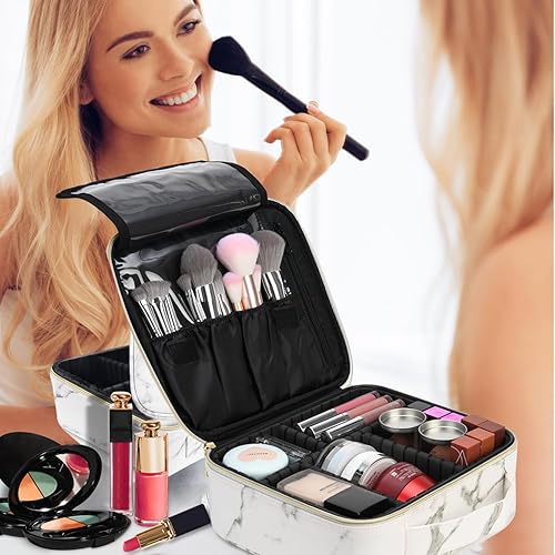 Miniatura 7 de BAGNN Estuche de viaje para maquillaje con inicial, estuche de almacenamiento de artículos de tocador de lujo, regalos para mujeres, A, Mármol