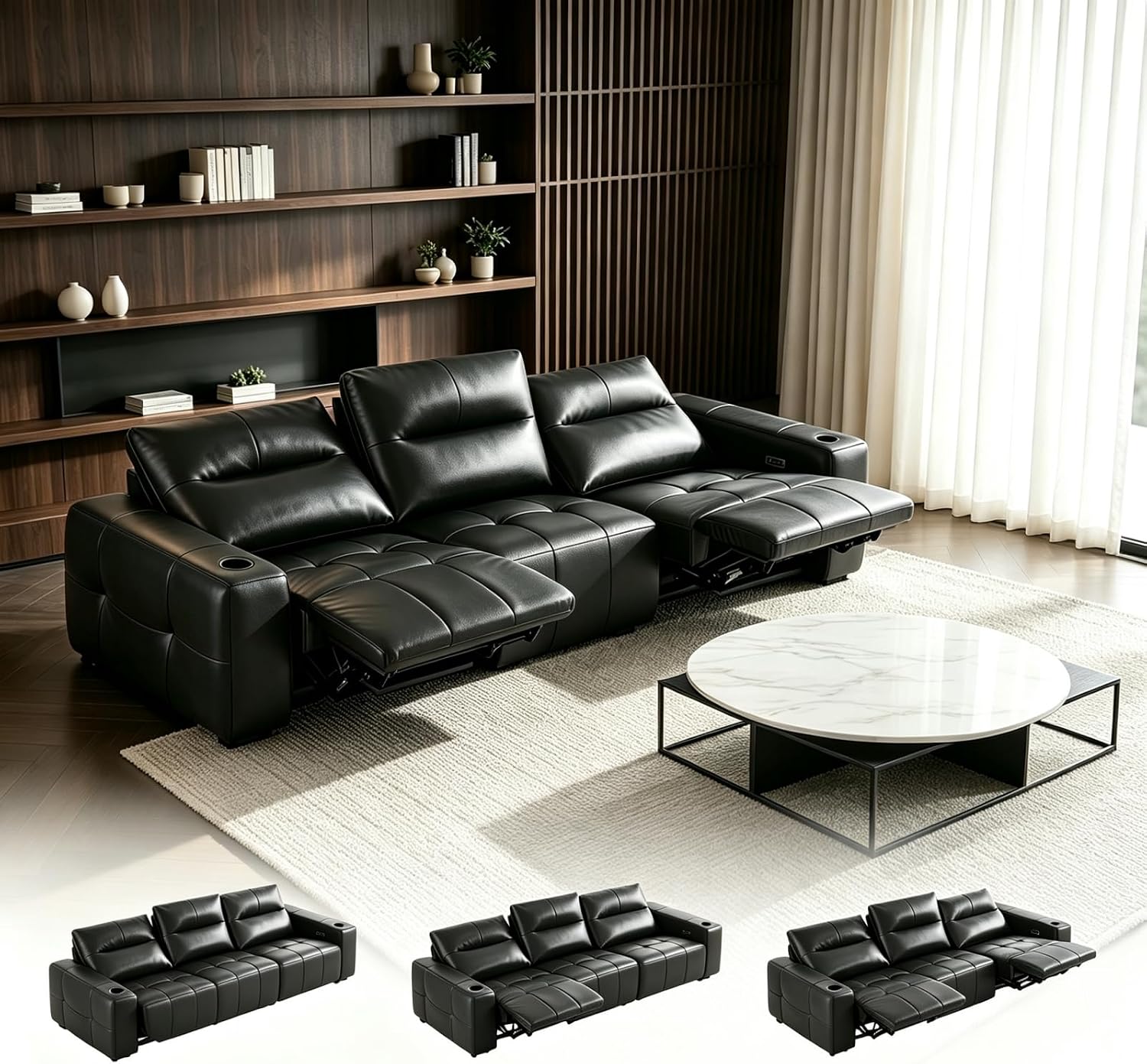 YOOBECH 113″ Genuine Leather Power Reclining Sofa with Zero Gravity, Black - Image 1
