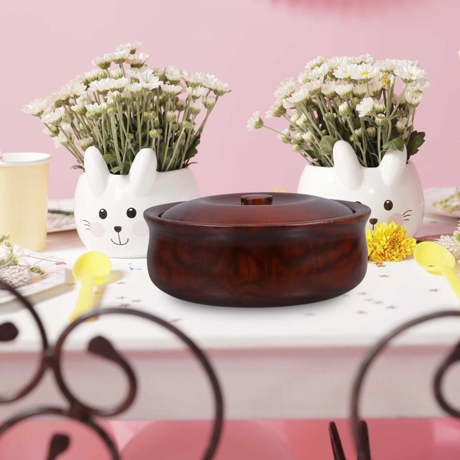 Tazón de Aperitivos y Frutas de Madera con Tapa, Recipiente Ligero y Fácil de Limpiar, Diseño Retro Simple Color Café, Bol Redondo para Postres en Hogar y Tienda