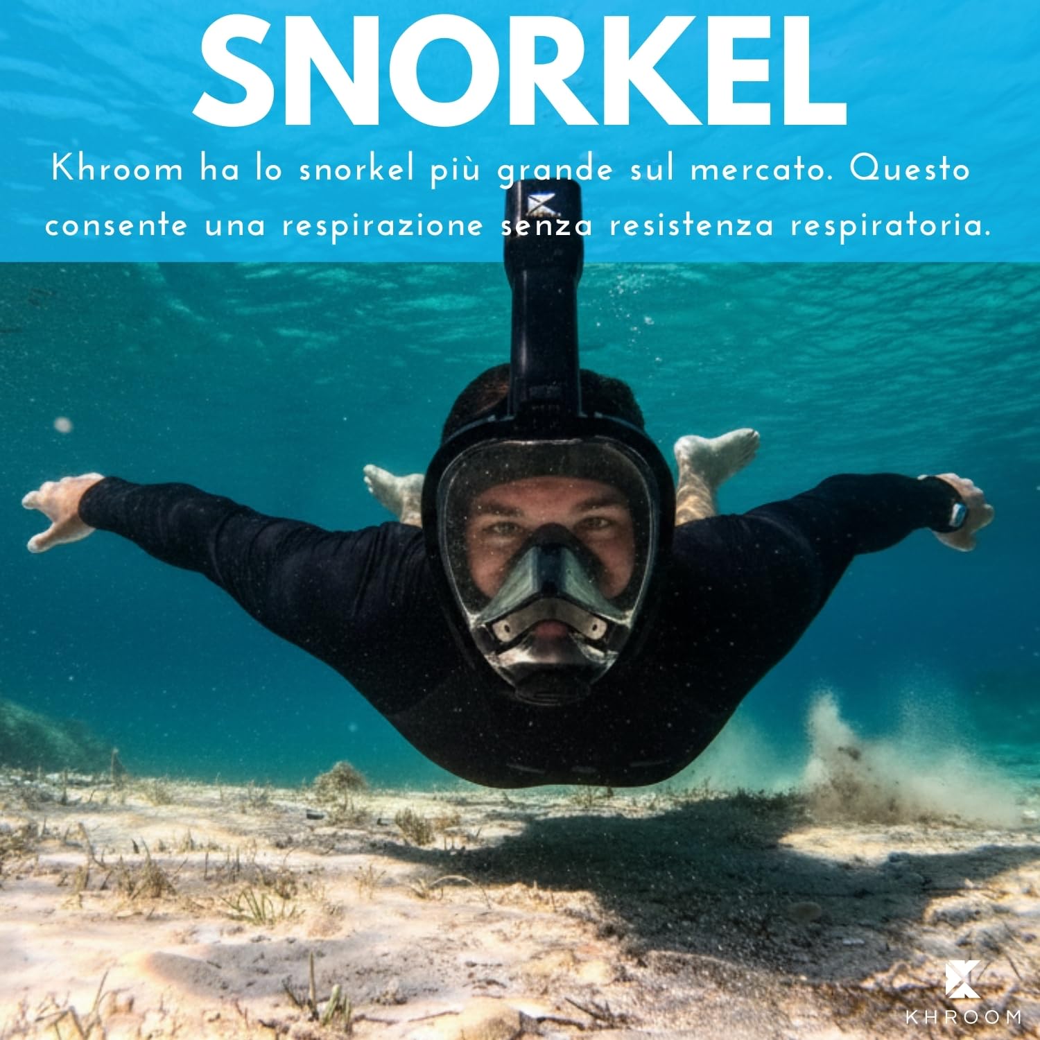 Khroom Maschera Snorkeling Integrale Adulti Seaview Pro | Full Face Subacquea con Boccaglio | Sicura da CO2 | Antiappannamento | Silicone Morbido | Set Immersione Mare