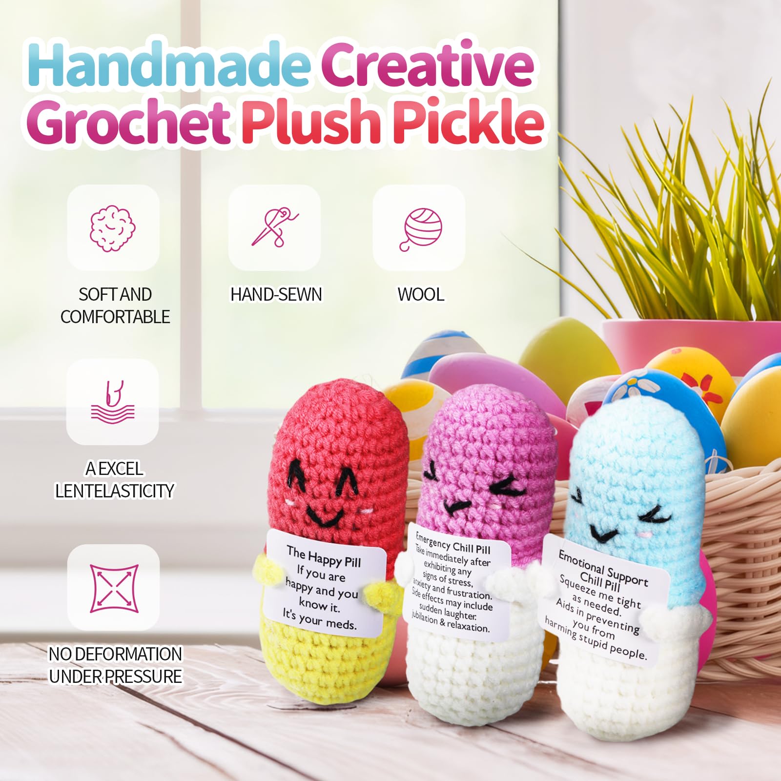 iewrtcin 3 Pieces Mini Plush Knitted Wool Doll Emotional Support Funny Gifts,Positive Pickle Women Gifts,Crochet Emotional for Kids Adults (Healing Capsules) - Image 3