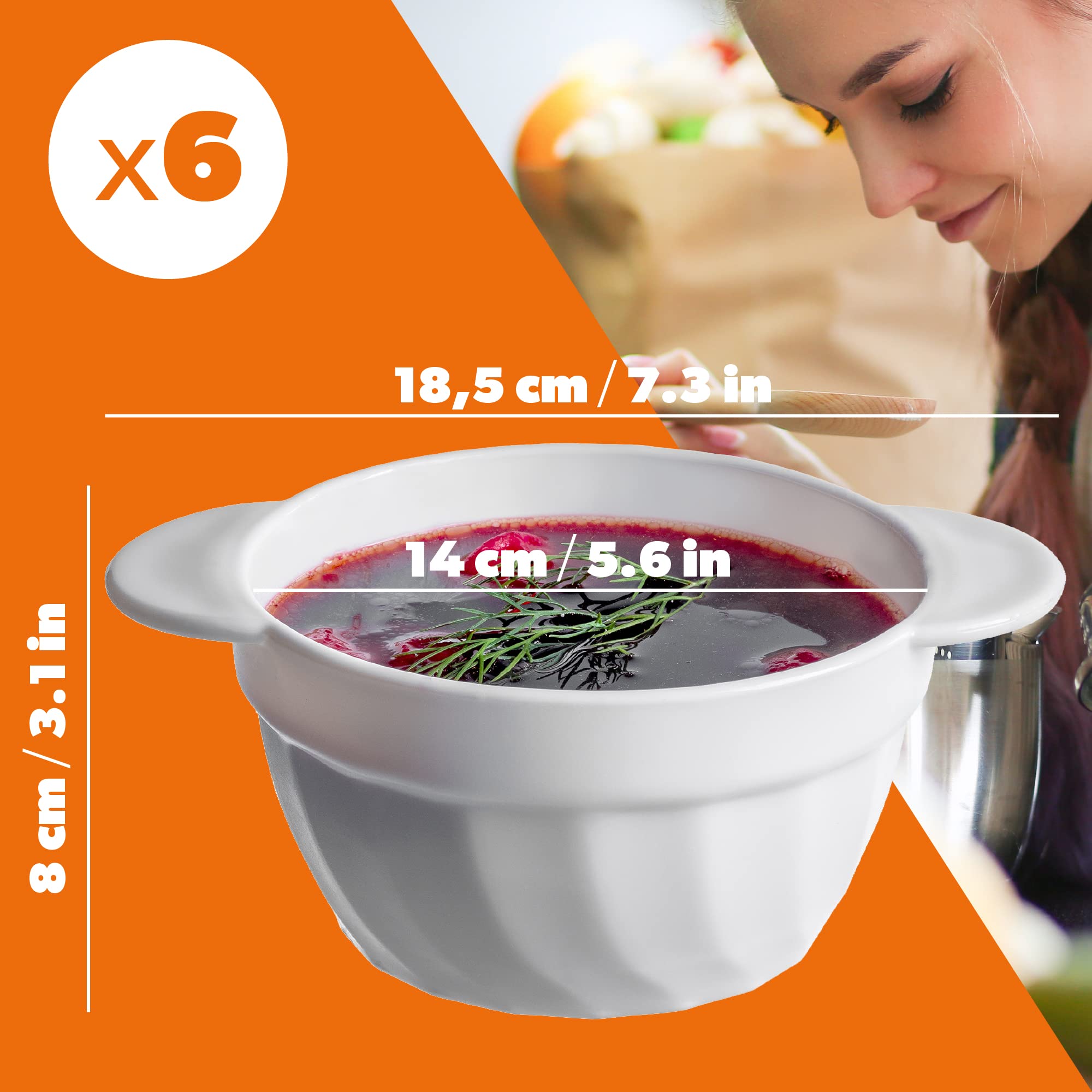 KADAX Suppentassen, 650 ml Suppenschüsseln aus verstärktem Glas, 18,5x14x8cm Suppenschalen mit Doppelgriffen, Suppenterrine für Suppen, Cremes, Brühen (650ml / 6 Stück)