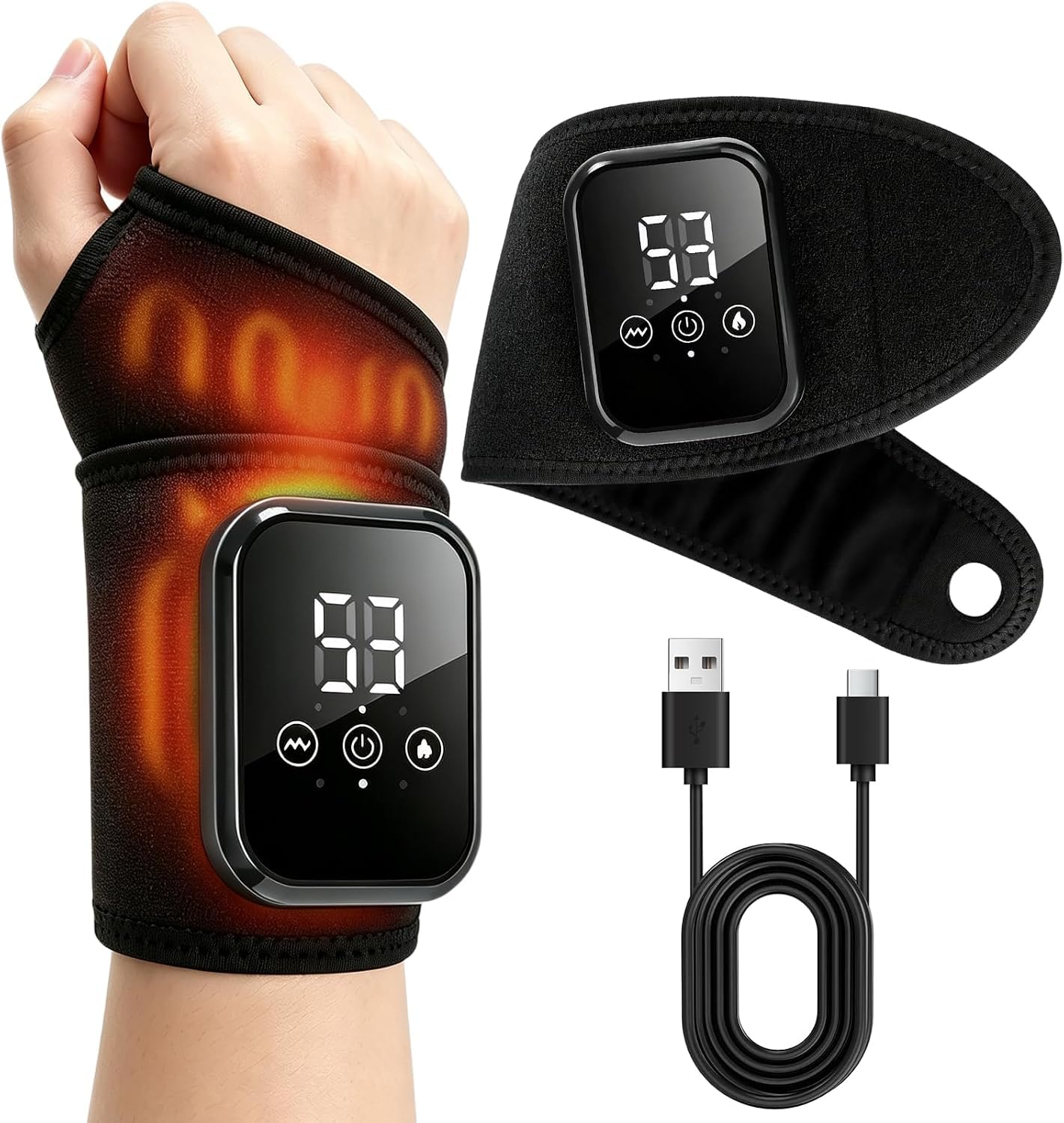 Masajeador de manos con función de calor, muñequera ajustable inalámbrica con 5 modos de masaje y 3 niveles de temperatura, alivio del síndrome del túnel carpiano, artritis y tendinitis，Negro