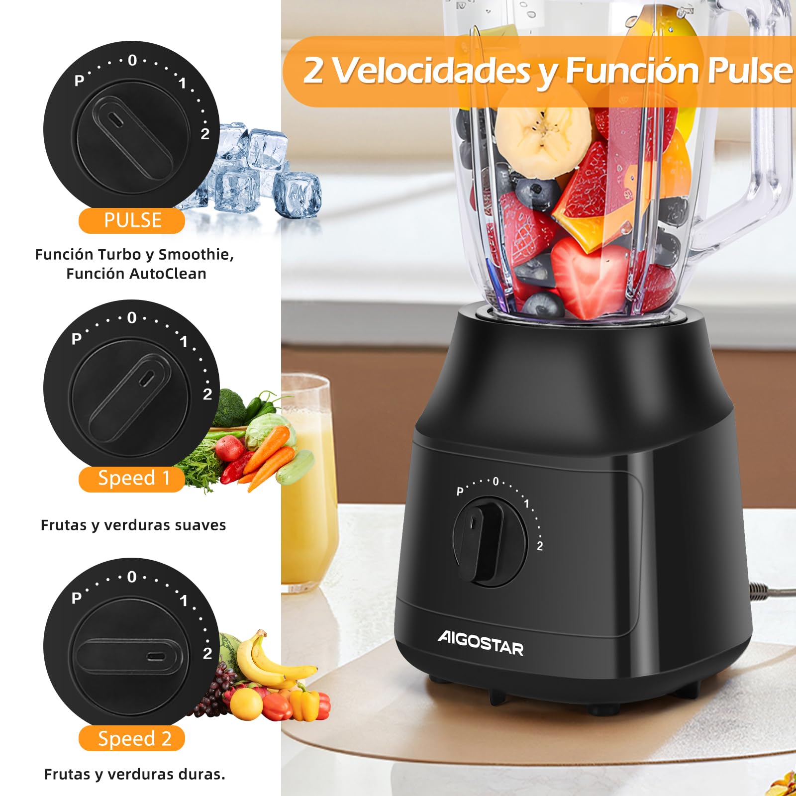 Aigostar Swift - Batidora de Vaso, Capacidad 1.5L, 800W, Tritura Hielo, Licuadora con 4 Cuchillas con Recubrimiento de Titanio, 2 Velocidades + Turbo y Función AutoClean. Libre de BPA