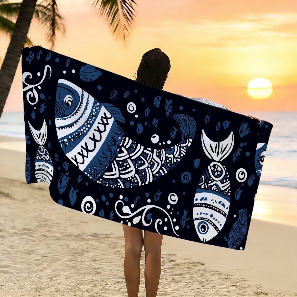 Telo Mare Microfibra, Telo Mare Grande 100x220cm 2 Pezzi, Asciugamano Palestra Donna Asciugatura Rapida, Antisabbia Asciugamano Microfibra, Leggero Asciugamani Palestra per Regalo (Pescare) -4270
