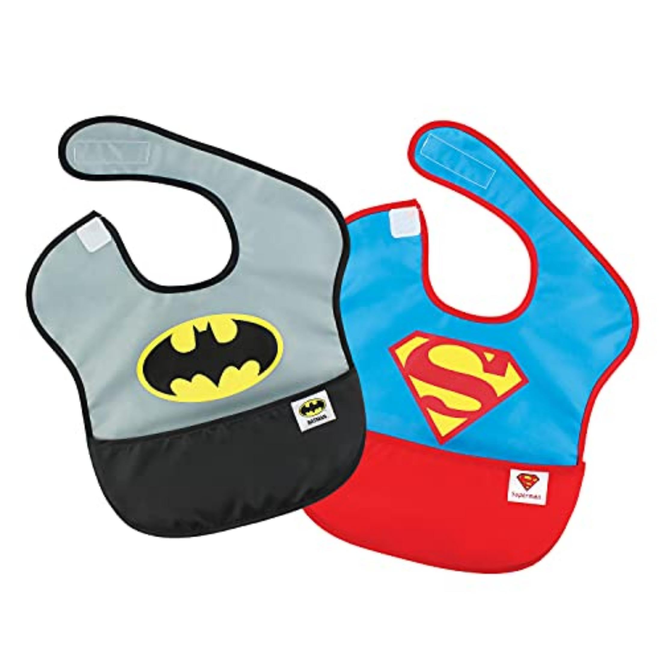 Bumkins DC Comics SuperBib, Baby Bib, Waterproof, Washable, Stain & Odor Resistant, 6-24 Months (Pack of 2) - Batman/Superman, Batman and Superman