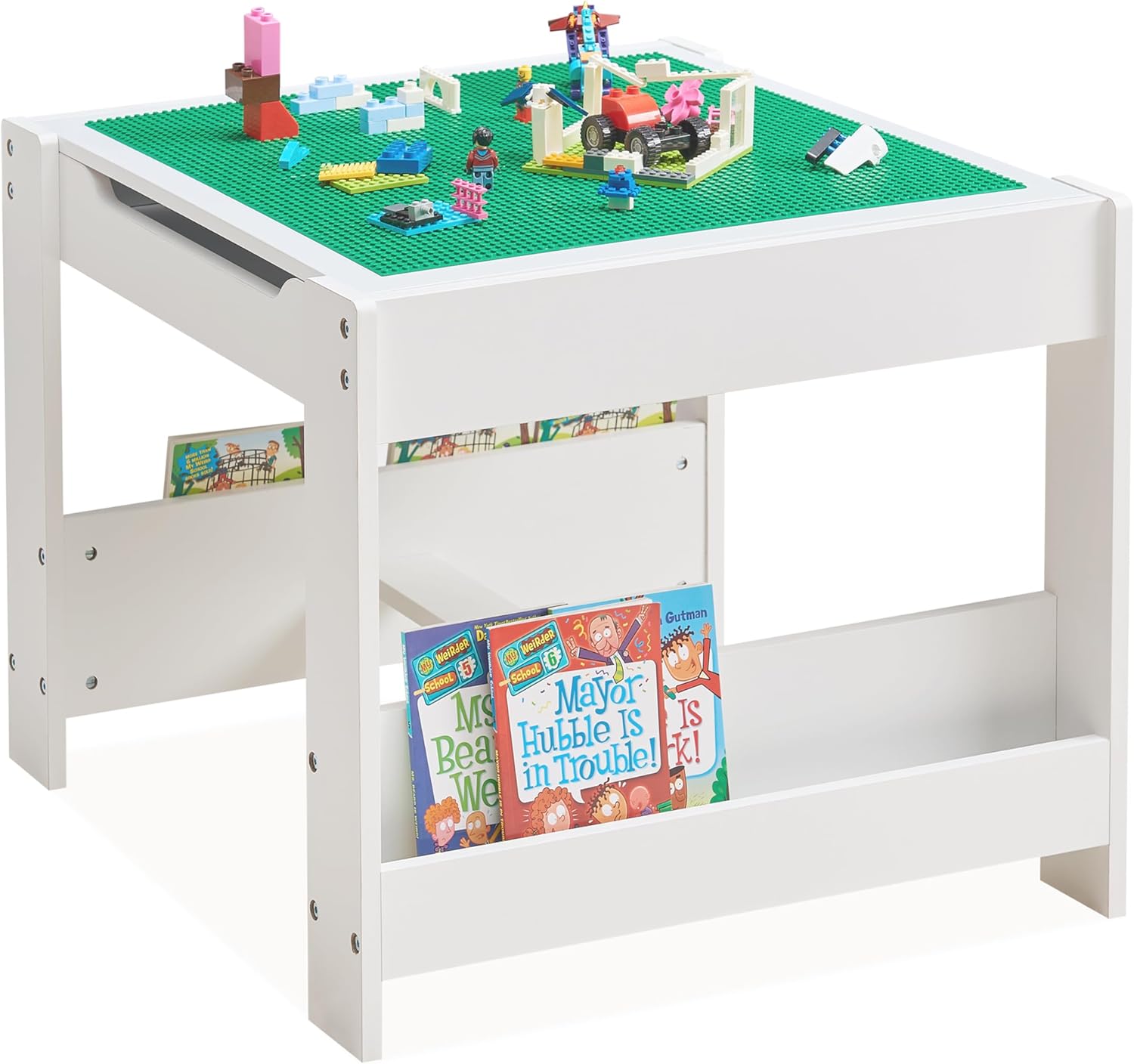 3 in 1 Kids Wooden Activity Table with Bookshelves, 2 in 1 Detachable Tabletop Construction Play Table for Toddlers Drawing, Reading, Crafts, Build Blocks (Grey & White)