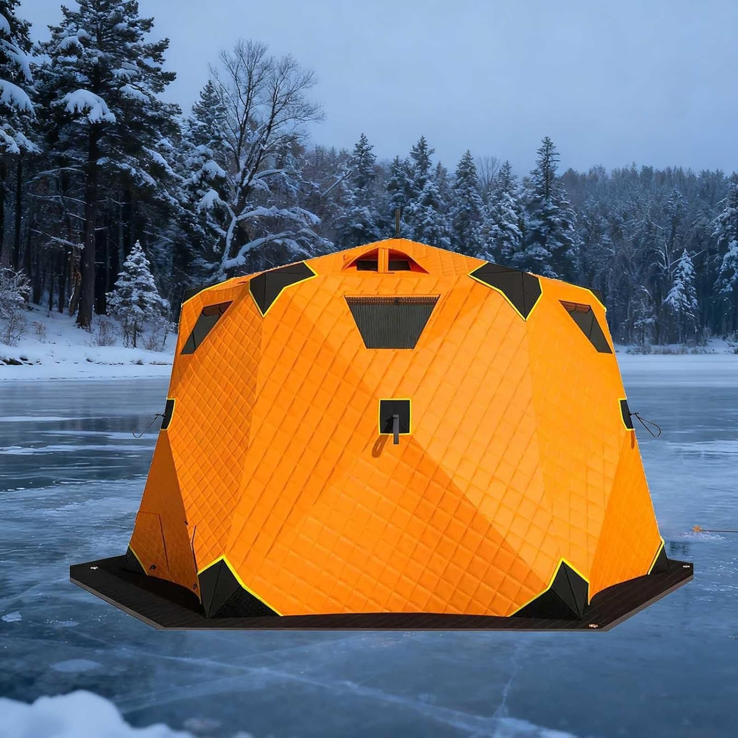 Pop-Up namiot wędkarski pod lodem, przestronny sześciokąt izolowany schronienie dla 6-10 osób, wiatroszczelny, odporny na śnieg, odporny na zimno do -30 °C, wyposażony w drążki 11 mm, 2 otwory