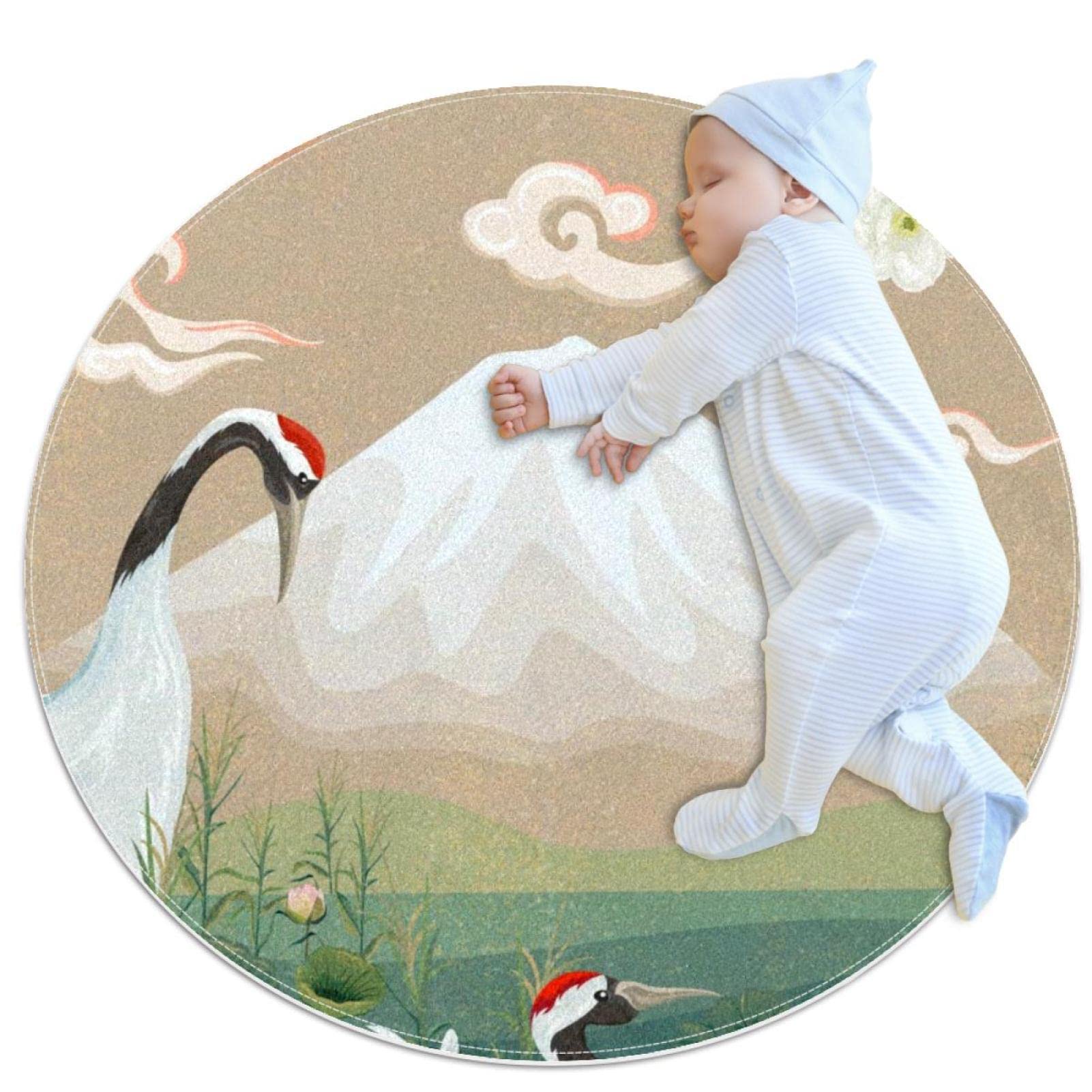 Tapis rond montagne et grues JDEZ pour chambre et coin buanderie