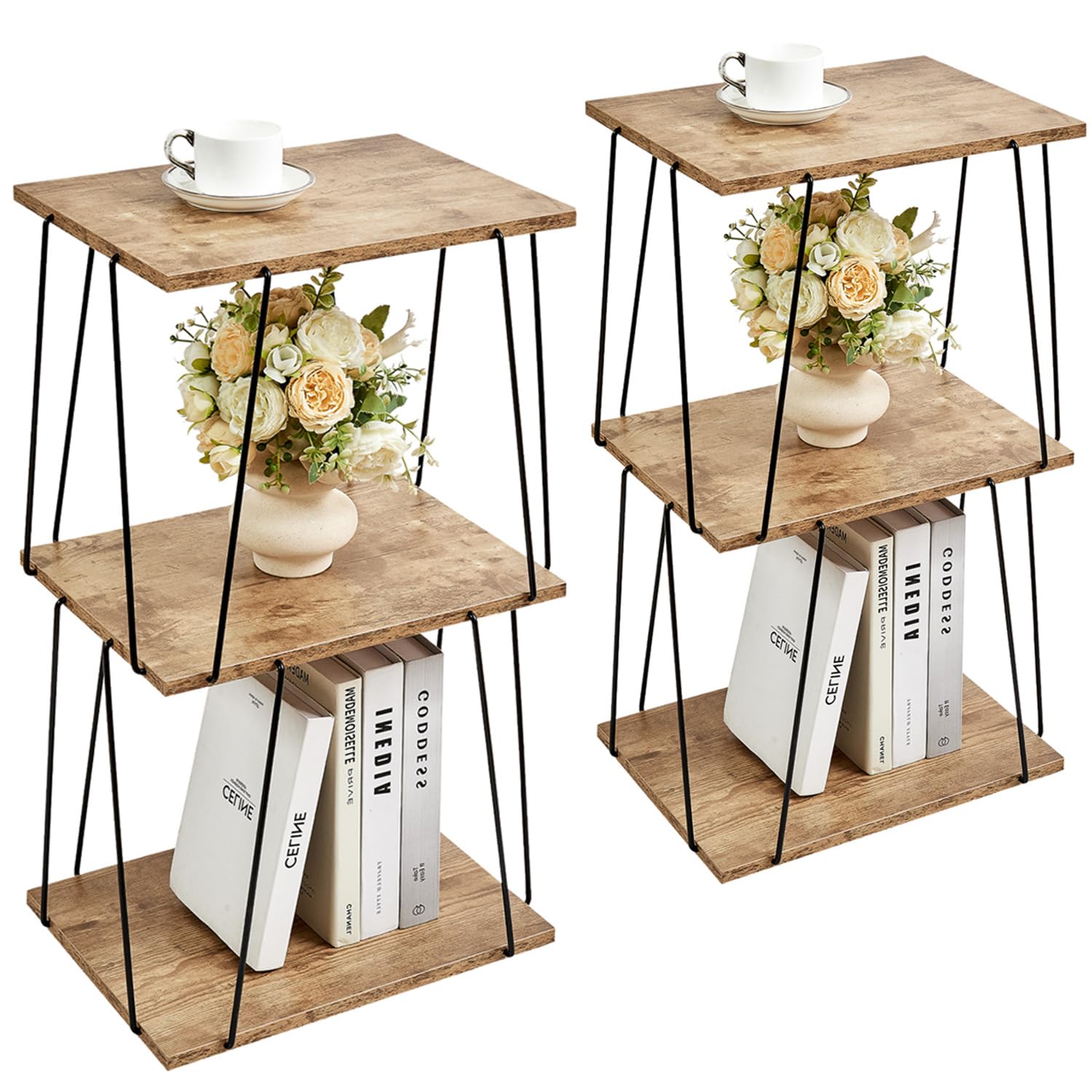 KJGKK Side Table Set of 2, Tall End Table, Small Accent Table, Bedside Table for Living Room, Bedroom, Greige & Black