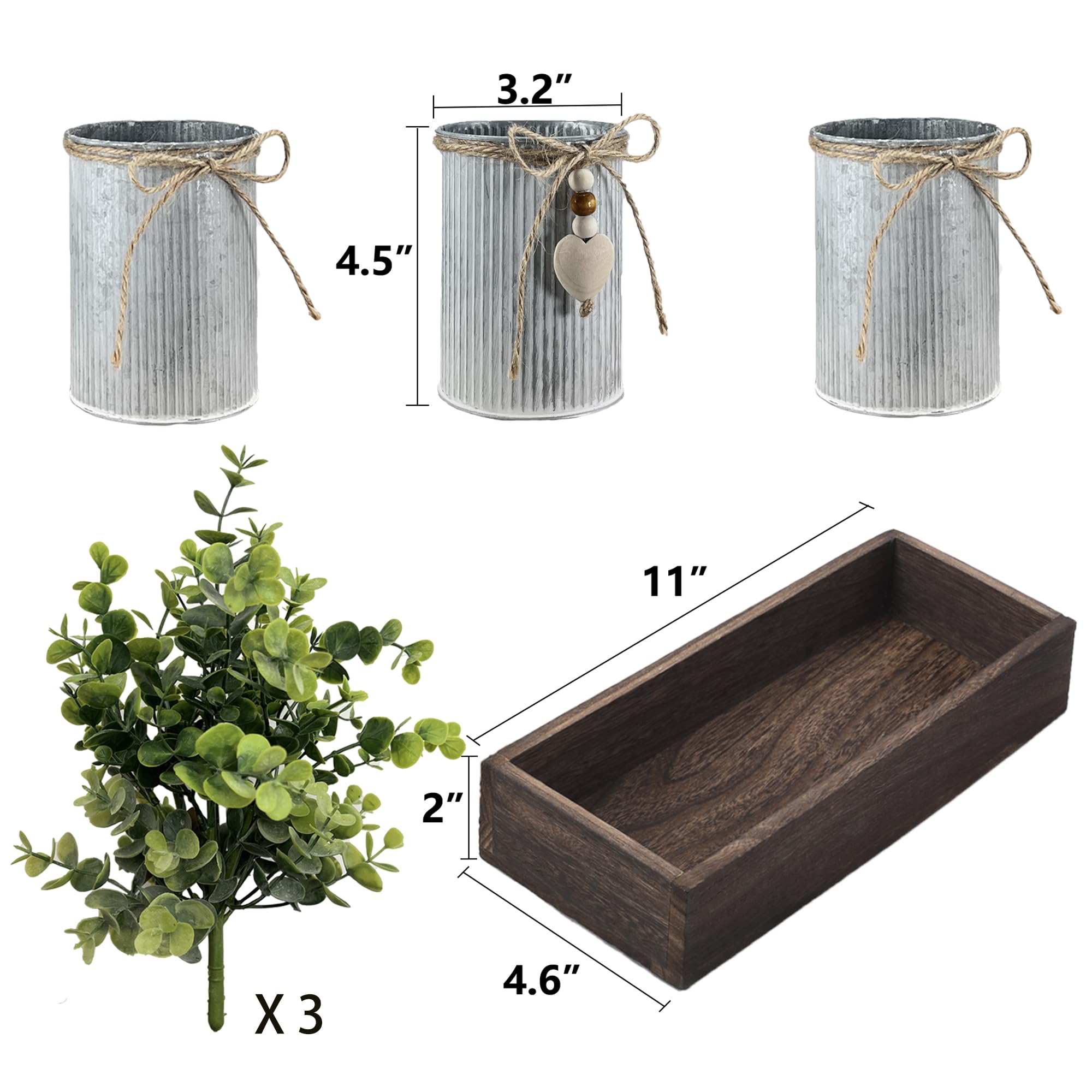 Centrotavola decorativo con fiori artificiali, composizione tavolo eucalipto con 3 vasi in metallo rustico e vassoio in legno per la casa di fattoria