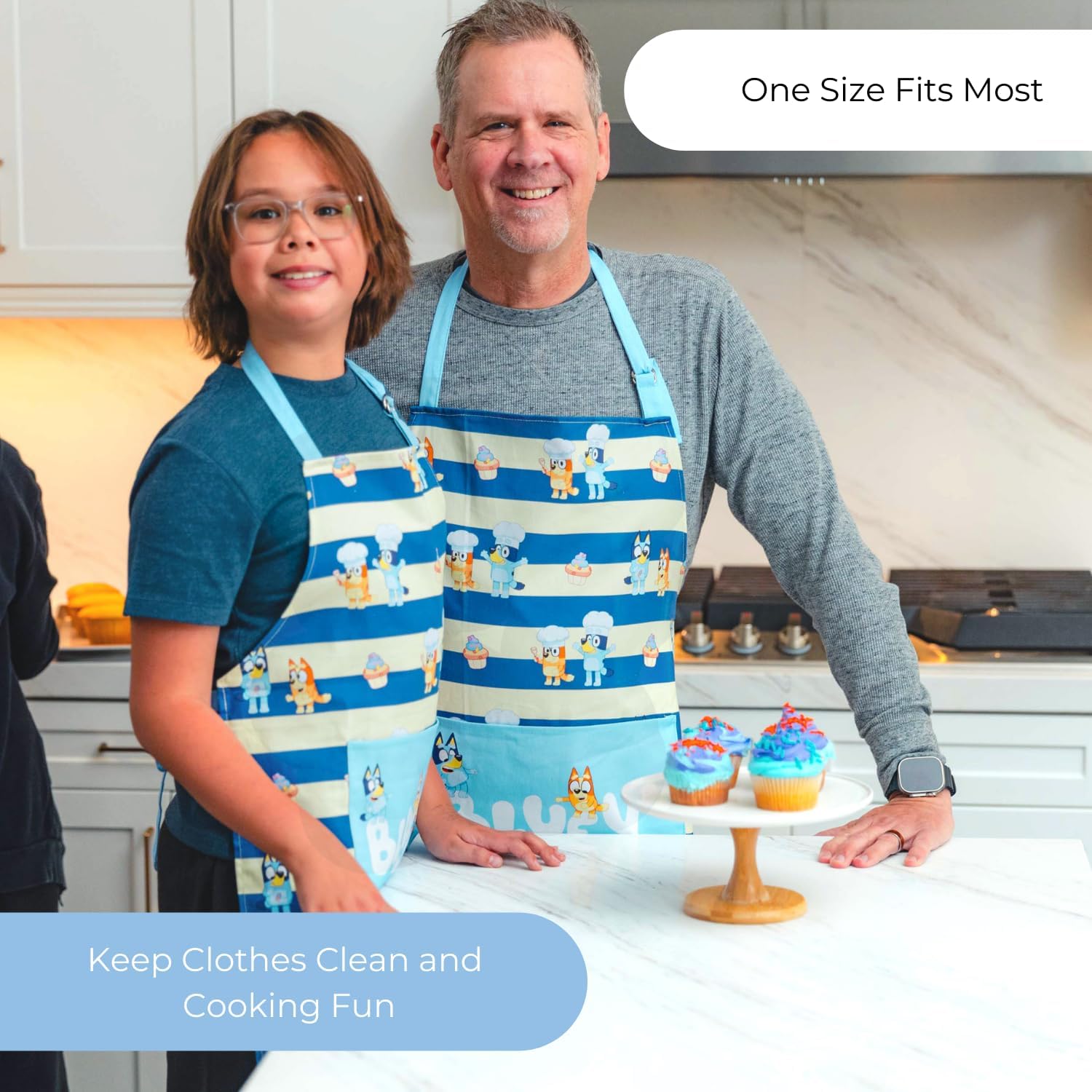 Handstand Kitchen Bluey and Bingo 100% Cotton Blue Stripe Print Patch Pocket Apron Collection