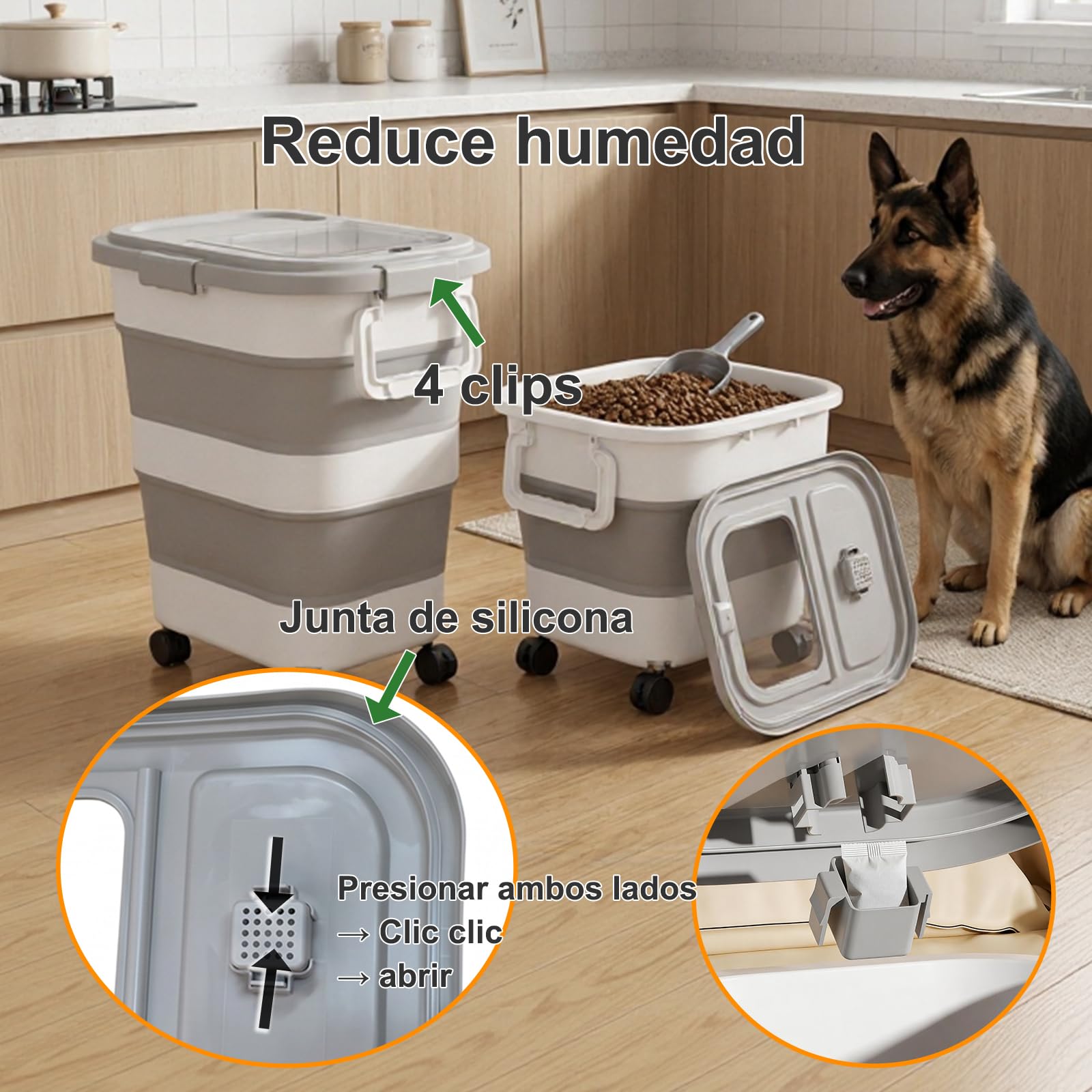FUSHITON Gran Contenedor de Comida para Perros Plegable con Ruedas 24L/17,5kg – Recipiente Hermético para Pienso con Clip y Junta de Silicona, Incl. Pala + Taza Medidora 1000ml, Plegable Gris