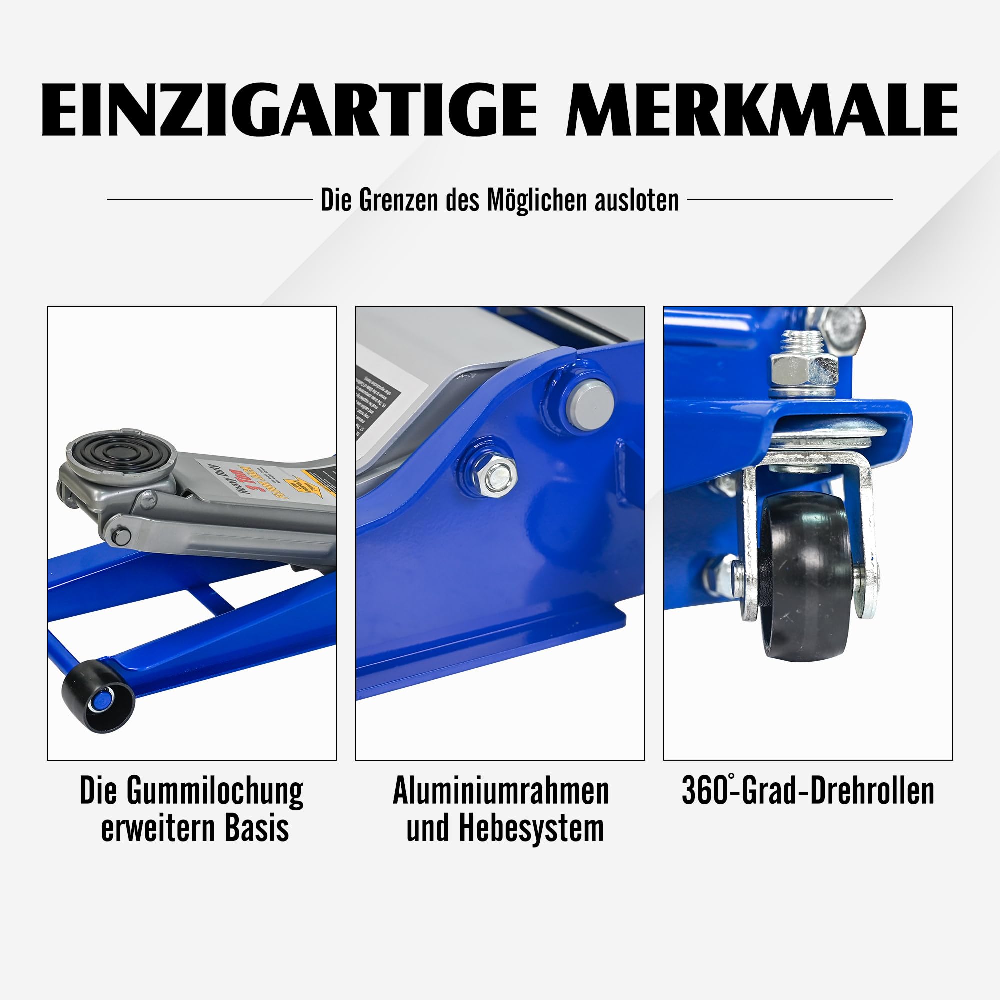 Cric idraulico a carrello 3T, con doppia pompa, altezza di sollevamento 75-505 mm, ruote a 360°, blu/argento, per auto e SUV