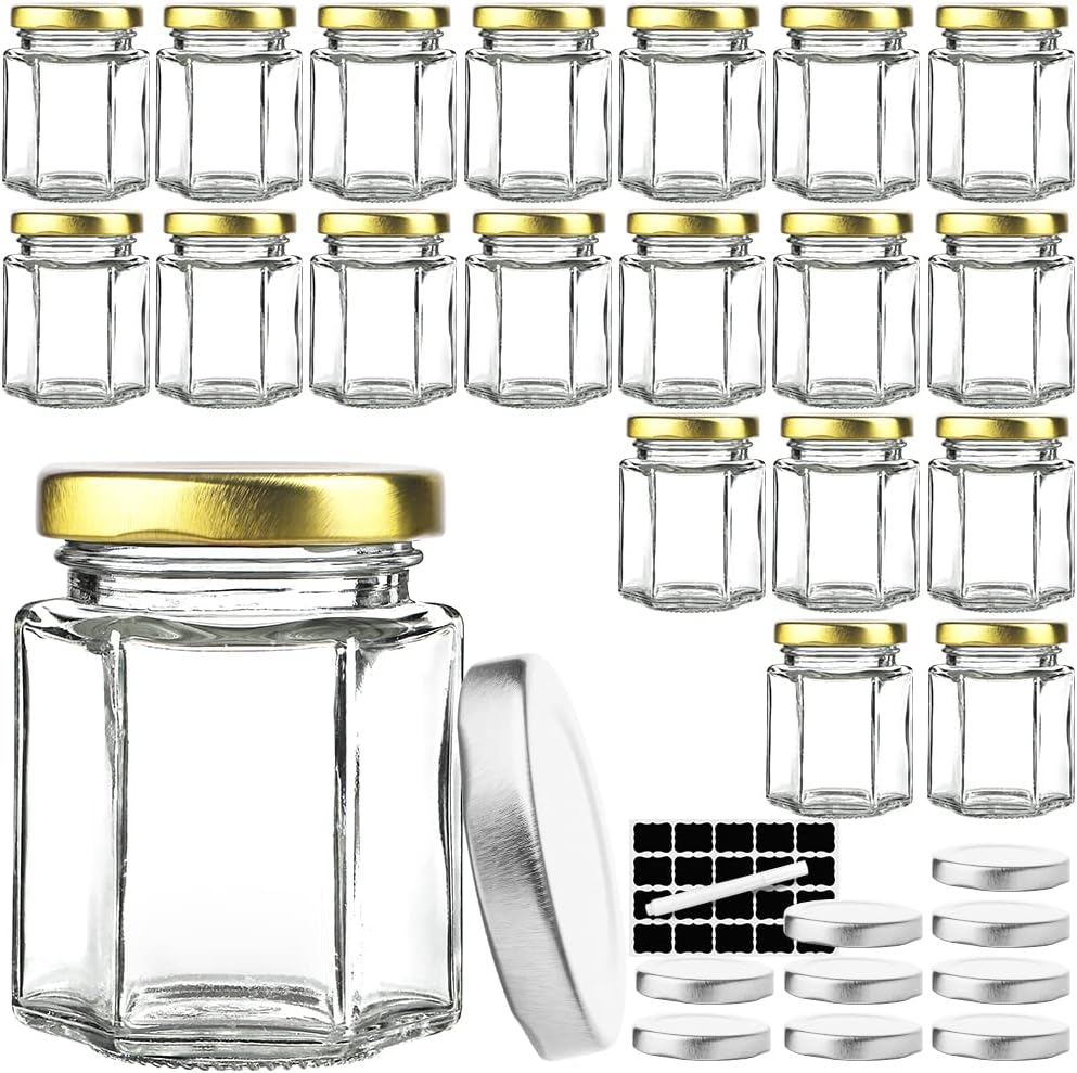 Syntic 20 Pcs 4 oz Hexagon Jars/Glass Jars with Gold Lid, Canning Jars for Wedding, Party Favors, Extra 10 Silver Lids, Chalkboard Labels,