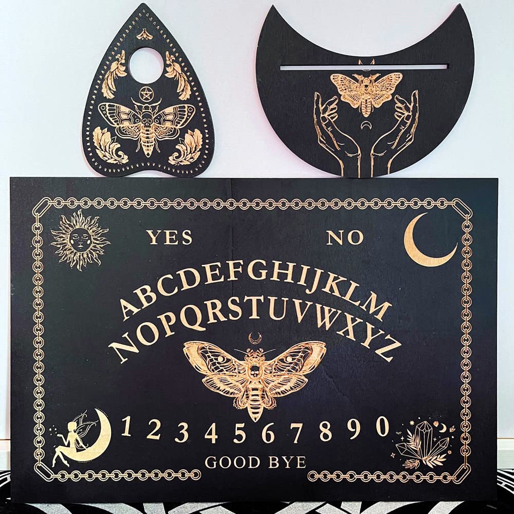 OKDOKEY Black Wood Spirit Board Kit(3PC) | Black Wooden Laser Engraved Spirit Board | Unique Metaphysical Message Spirit Game | Talking Board | Wicca | Witch Personalized Gift—Death Head Moth Series