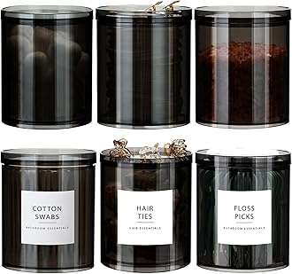 SheeChung 6-Pack Black Stackable Apothecary Jars - (10oz & 12oz) Mixed Sizes Qtip Holder - Modern Industrial Bathroom Accessories Decor with Storage Lids - Translucent Black