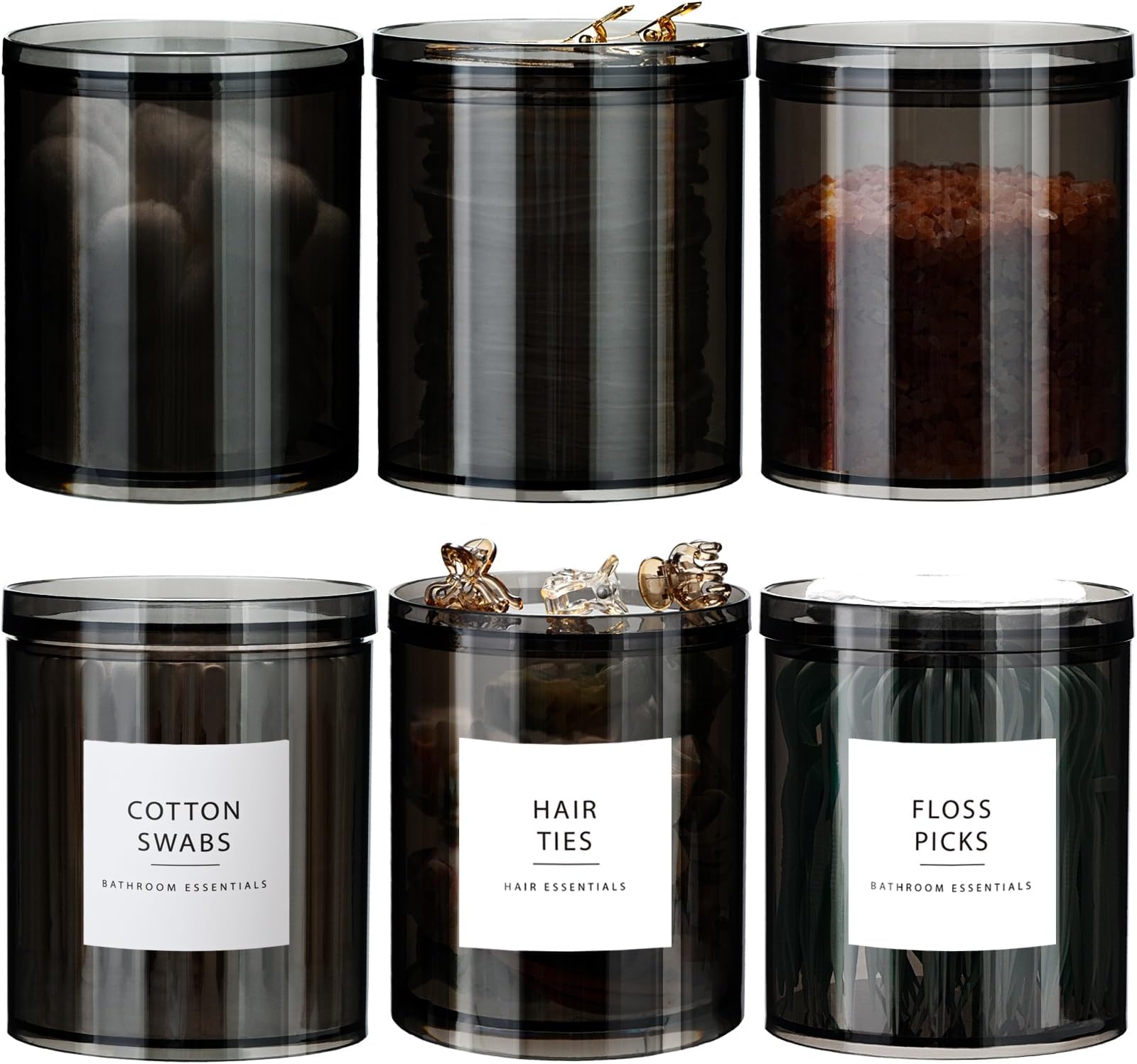 SheeChung 6-Pack Black Stackable Apothecary Jars - (10oz & 12oz) Mixed Sizes Qtip Holder - Modern Industrial Bathroom Accessories Decor with Storage Lids - Translucent Black
