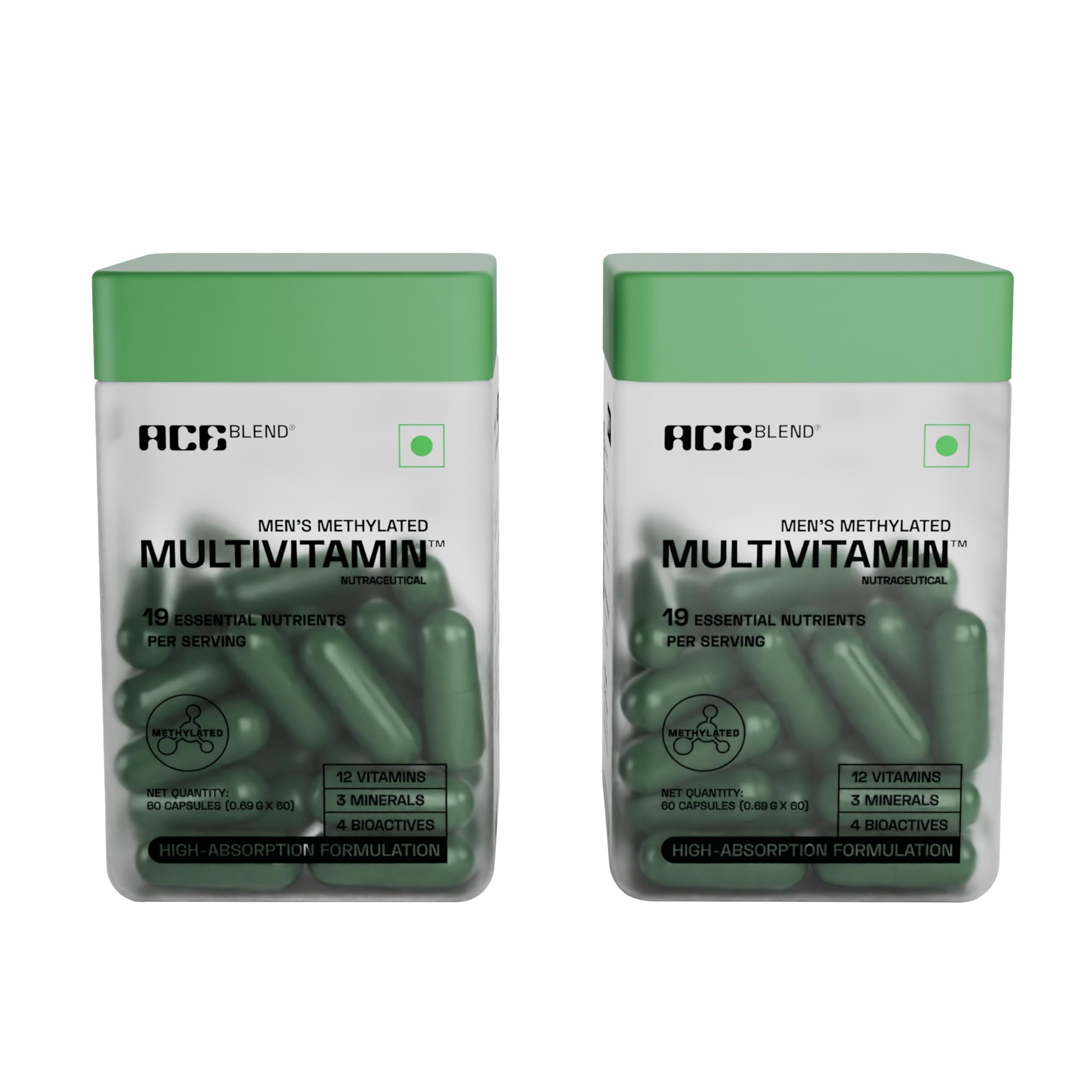 Ace Blend Multivitamin Capsules for Men | Pack of 120 | Methylated Multivitamin with 19 Essential Nutrients | Quatrefolic, MenaQ7 & Vitashine D3 | Supports Energy, Immunity, Focus & Heart Health