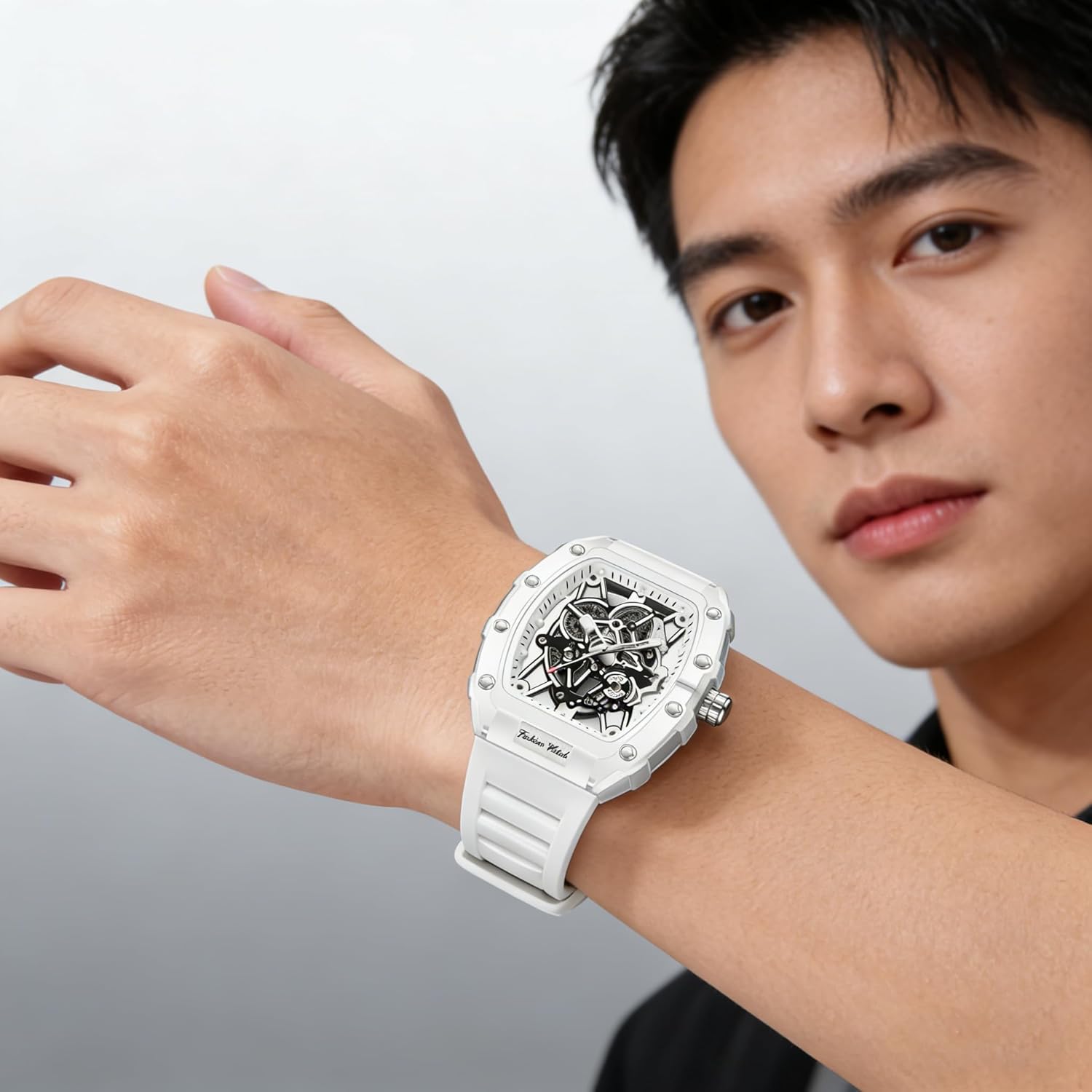 Gosasa Men's Tonneau Fashion Watch, Luxury Transparent Barrel Case Quartz Watch for Men with Date, Big Face Luminous Analog Wrist Watch, Waterproof Business Casual Watch