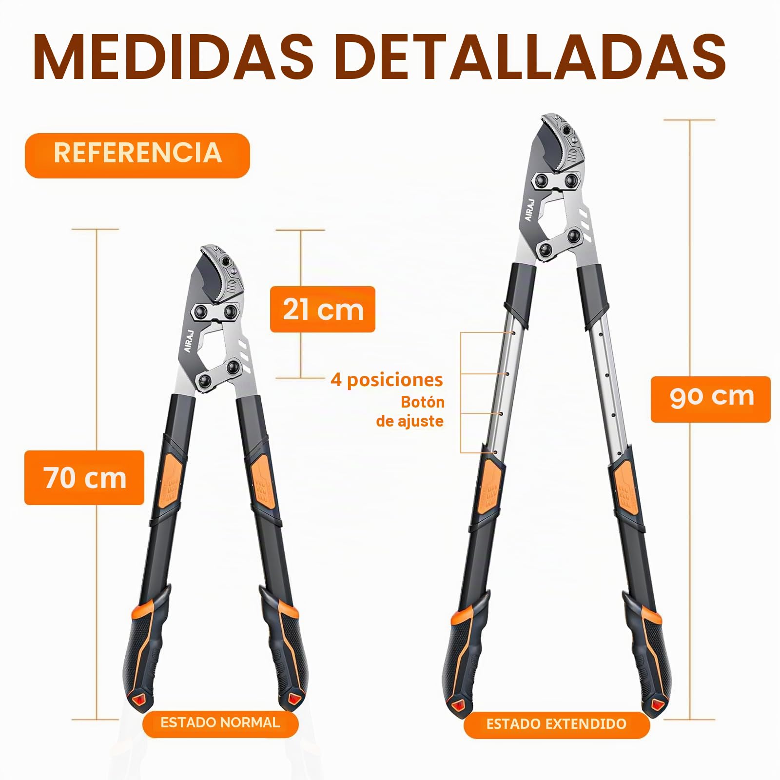 AIRAJ Tijera de Podar Telescópica 68-88cm Cuchillas 55C Óxido, Mango Antideslizante para Ramas 5.5cm Jardinería