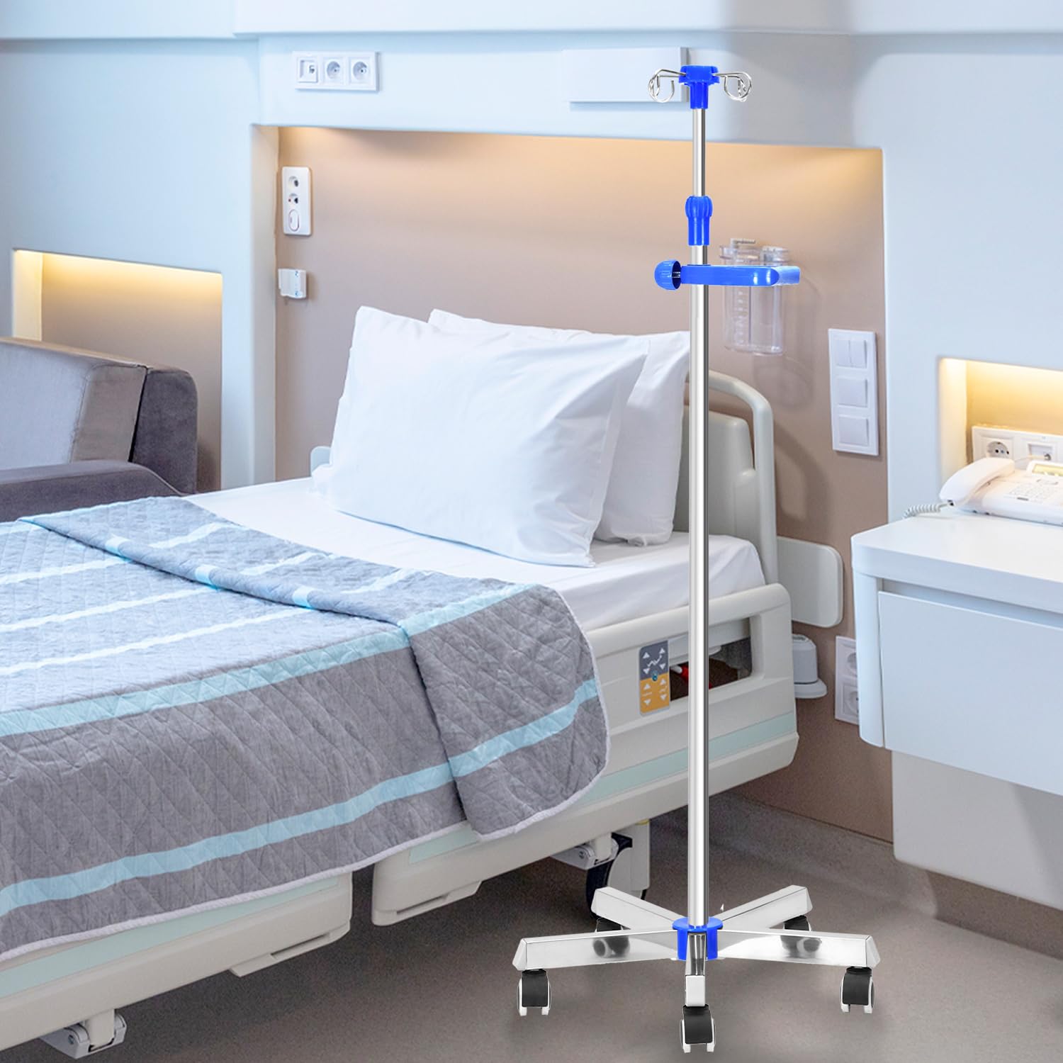 QWORK® Supporto regolabile in acciaio inox IV Drip Stand, Drip Stand con maniglia e ruote per ospedale e assistenza domiciliare