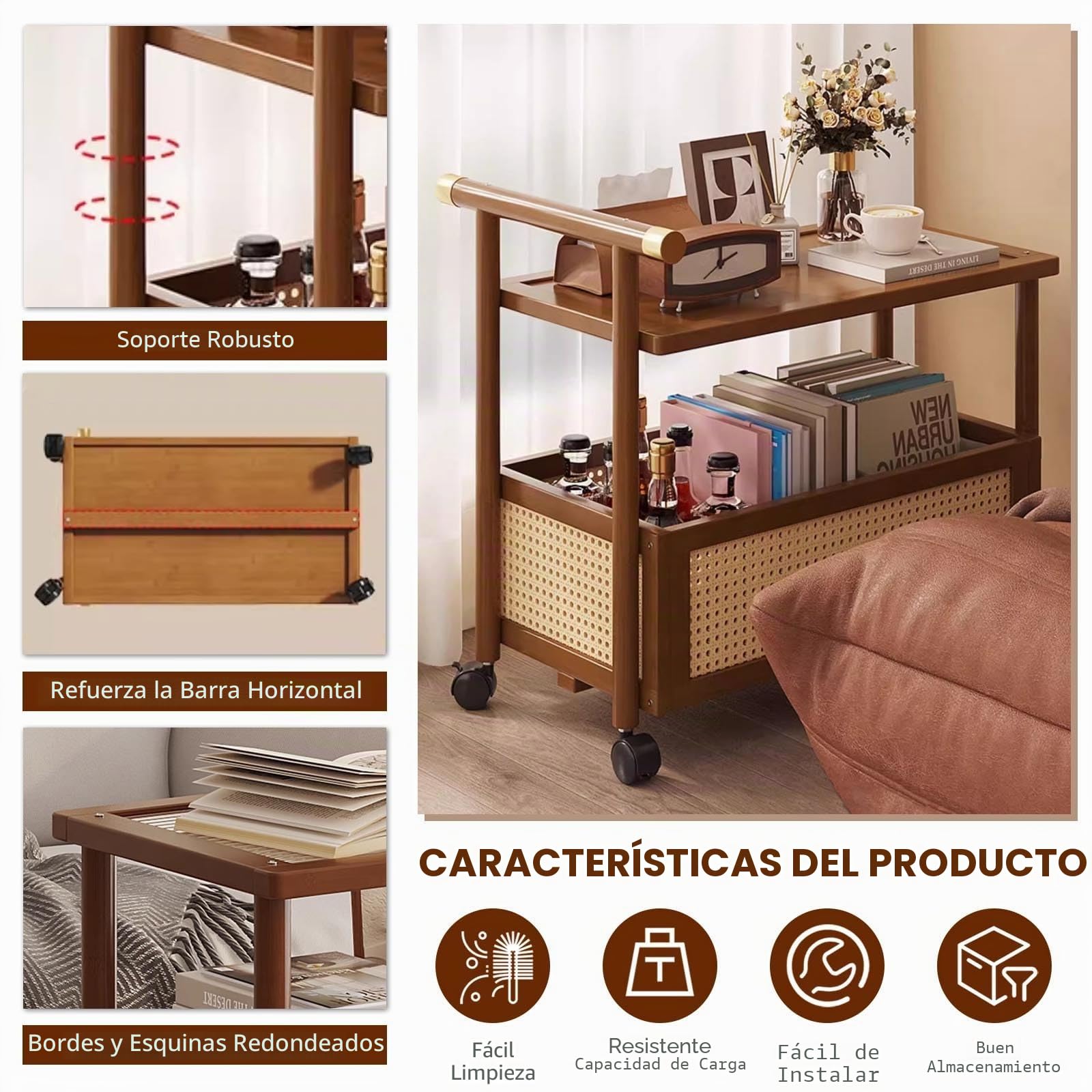 Mesa Auxiliar Salon Con Ruedas De Bambú Mesas Auxiliares for Espacios Pequeños for Salon End Table Con Almacenamiento for Salón Y Dormitorio,Diseño Estable Con Ruedas Silenciosas,Para Sofá Y Cama(Brow