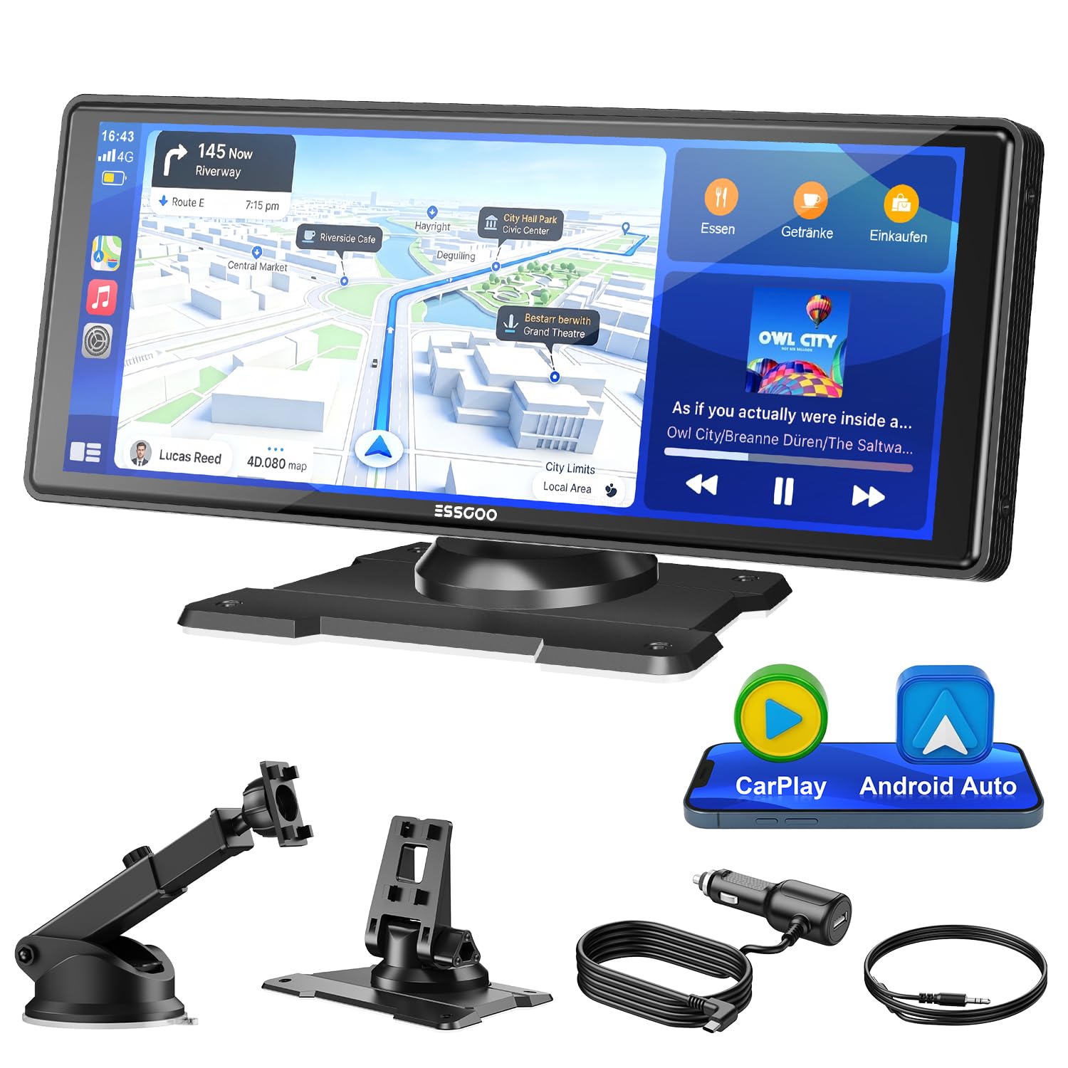 ESSGOO Carplay Android Auto Display10.26 Zoll,A-pple Carplay Bildschirm für AirPlay/Mirror Link,Car Multimedia Player mit Wireless Touchscreen,GPS Navigation,Bluetooth5.3,Sprachassistent,AUX,Autoradio